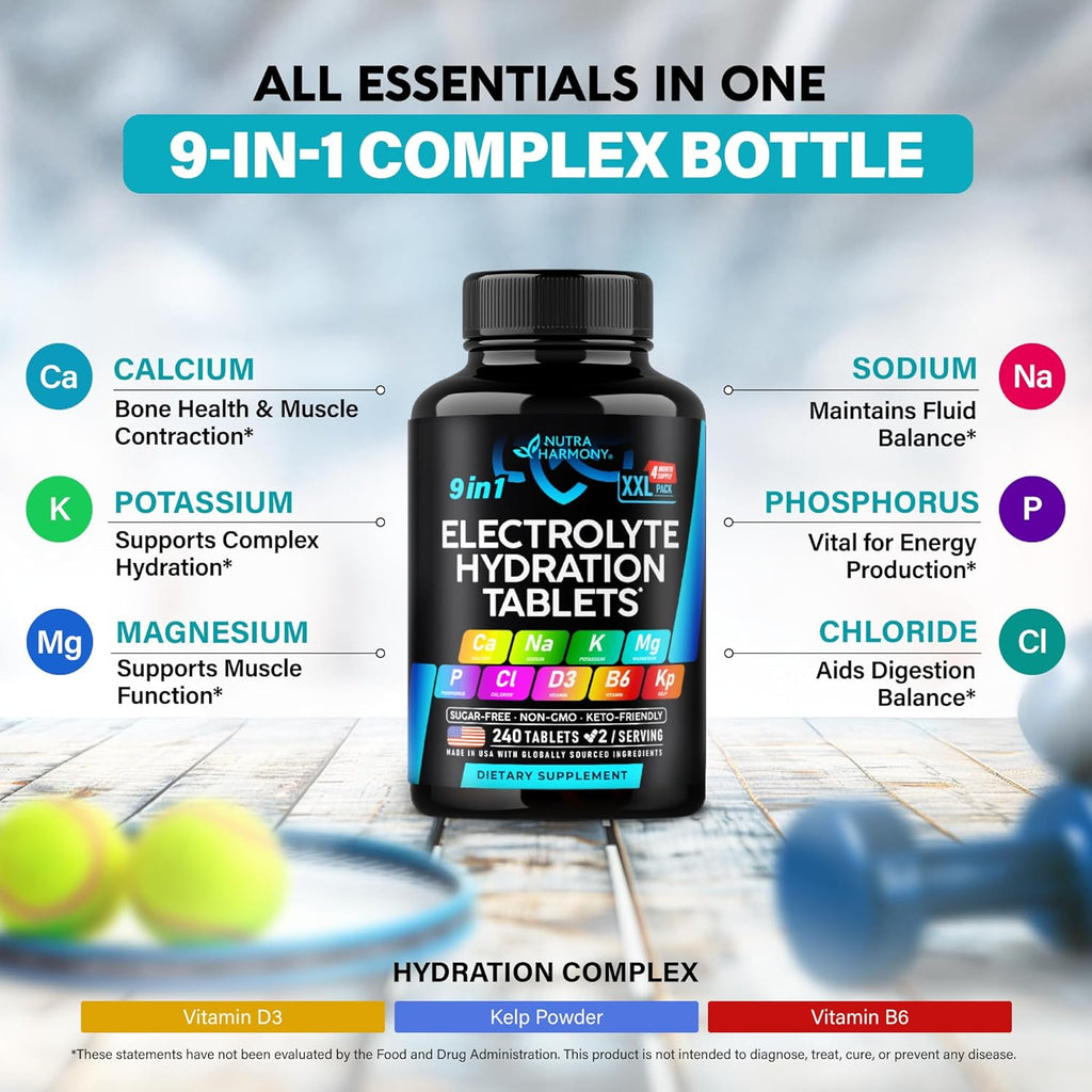 Electrolytes - Electrolyte Tablets with Magnesium, Sodium, Potassium, Chloride, Vitamins D3 & B6, Kelp Powder - Salt Pills - Made in USA - Oral Tablets as Capsules - Vegan & Keto Friendly - 240 Tabs