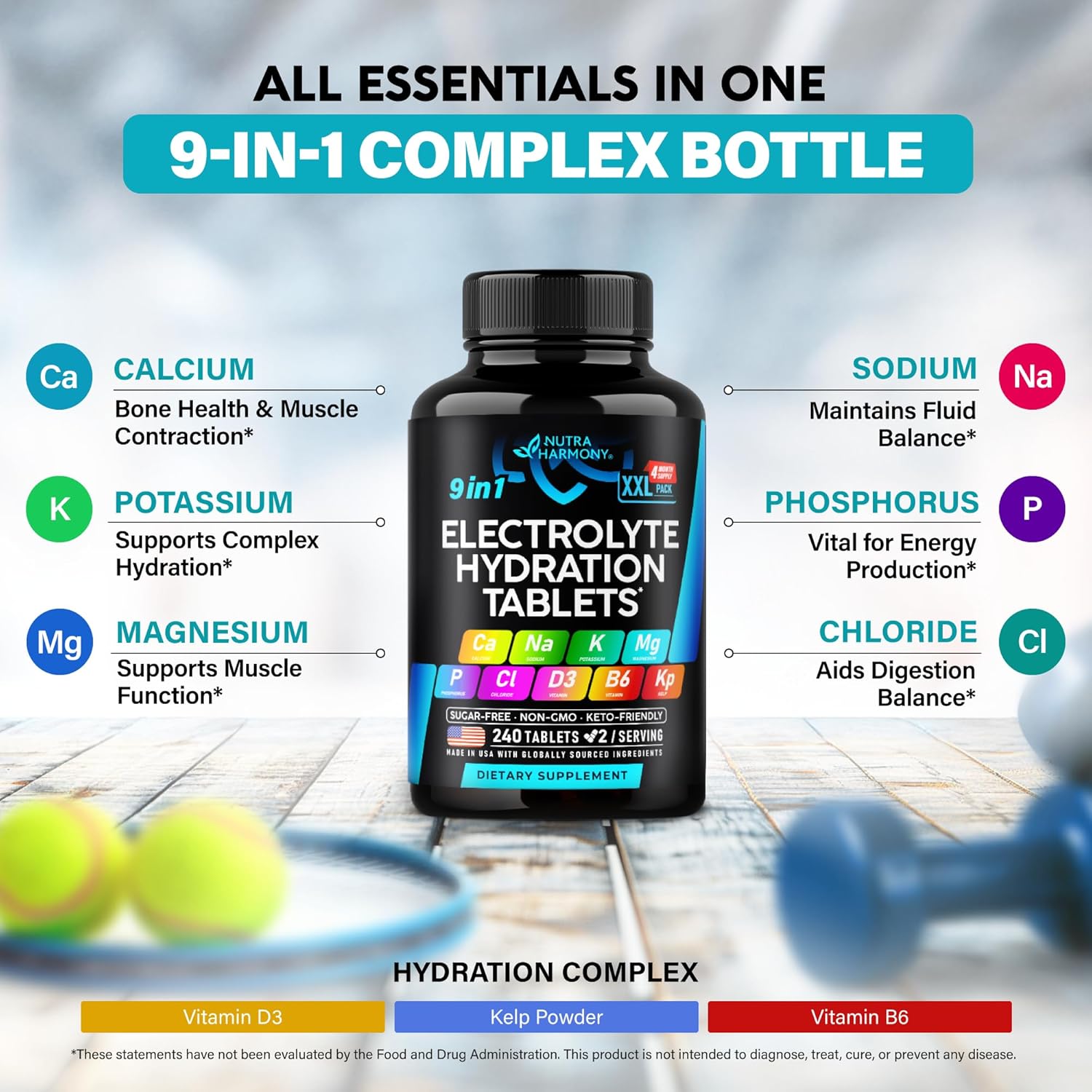 Electrolytes - Electrolyte Tablets with Magnesium, Sodium, Potassium, Chloride, Vitamins D3 & B6, Kelp Powder - Salt Pills - Made in USA - Oral Tablets as Capsules - Vegan & Keto Friendly - 240 Tabs