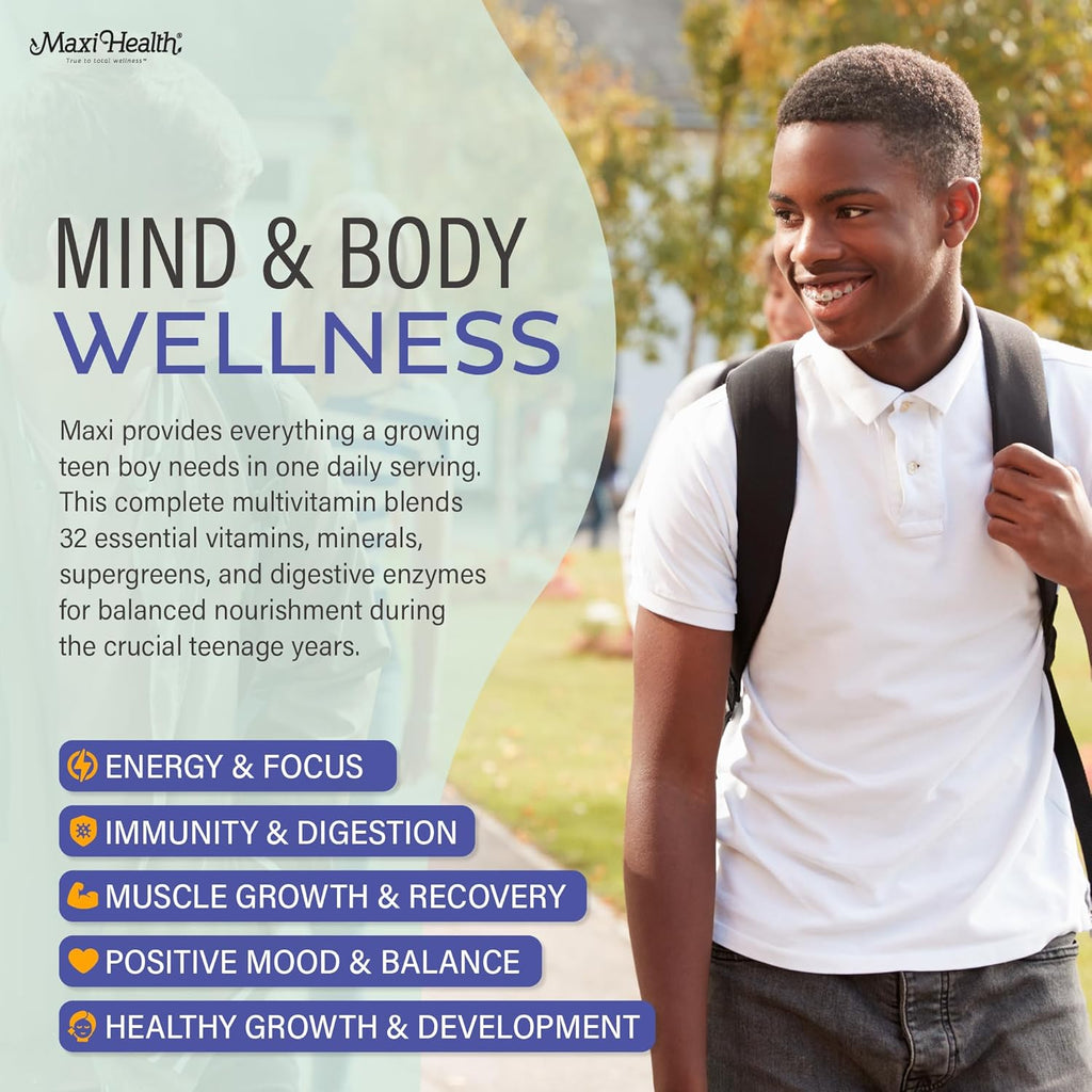 Maxi Health Multivitamin for Him ¨C Boys Vitamins for Ages 12¨C17 Teen Supreme ¨C Men¡¯s Multivitamin for Energy, Immune Boost, Body Brain Includes D3, Iron, Calcium, Digestive Enzymes (120 Count)