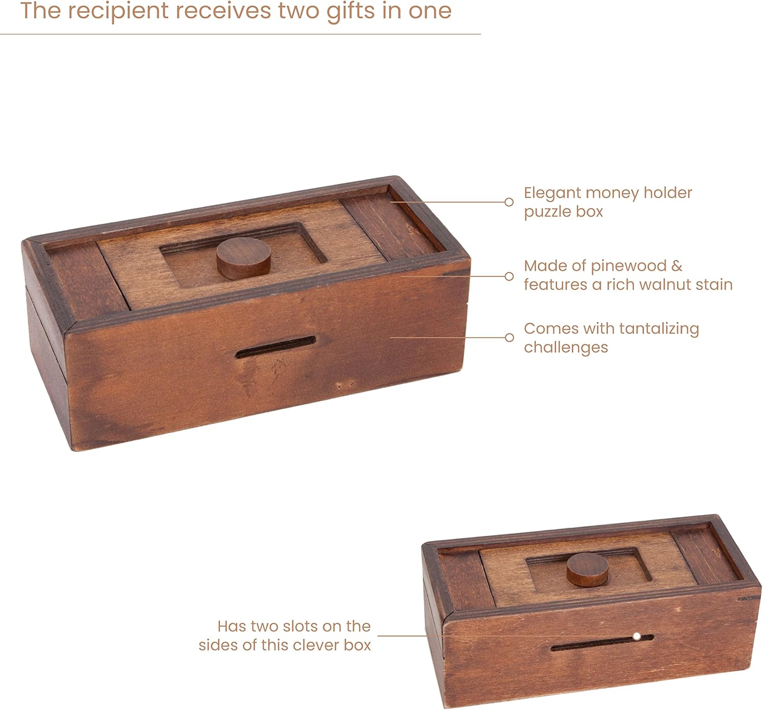 Bits and Pieces Secret Money Puzzle Box - Camouflage Your Cash Money Holder - Wooden Brain Teaser - Wooden Secret Hidden Compartment (Single Knob Puzzle Box)