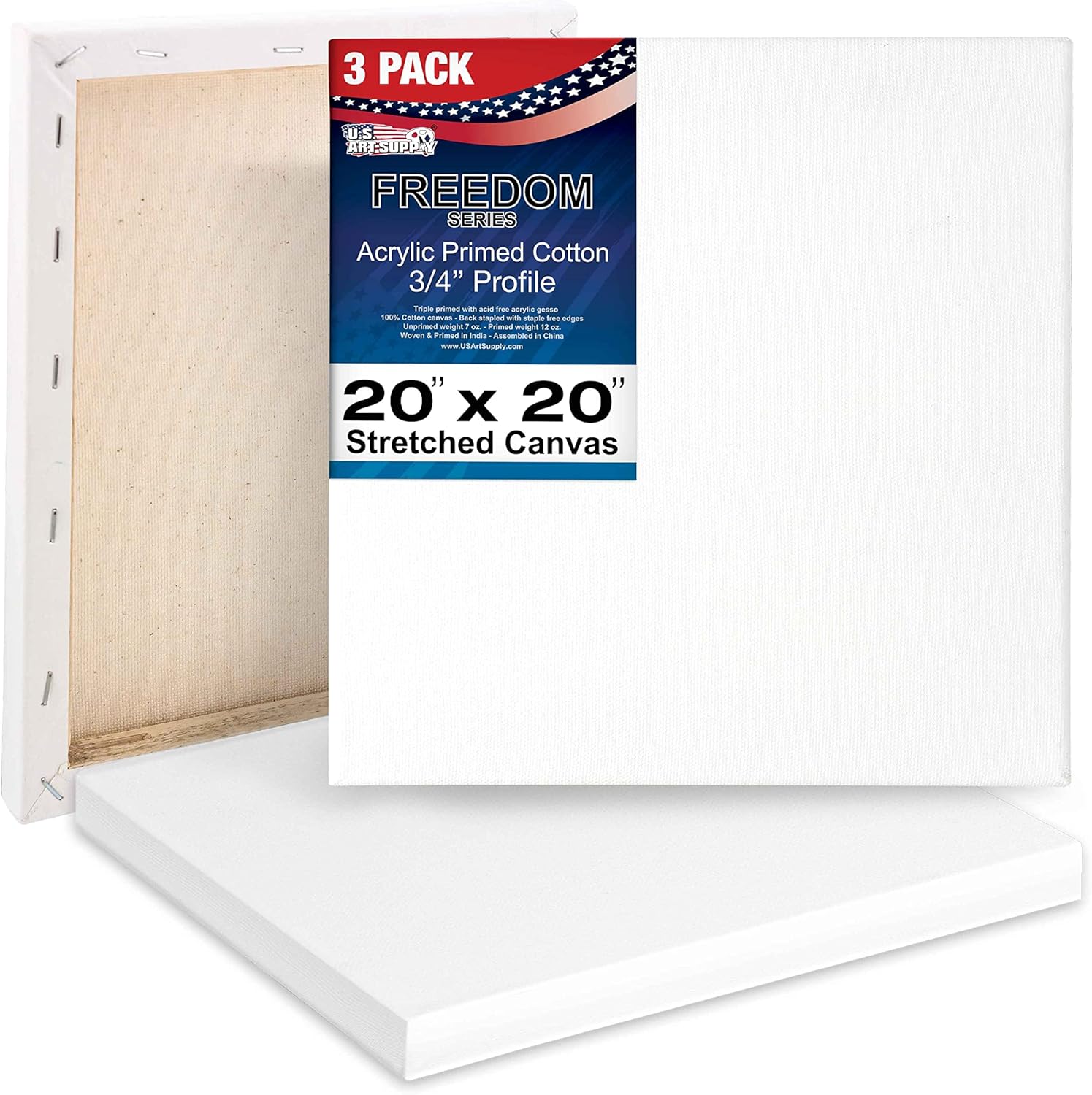 U.S. Art Supply 20 x 20 inch Stretched Canvas 12-Ounce Triple Primed, 3-Pack - Professional Artist Quality White Blank 3/4inch Profile, 100% Cotton, Heavy-Weight Gesso - Acrylic Pouring, Oil Painting