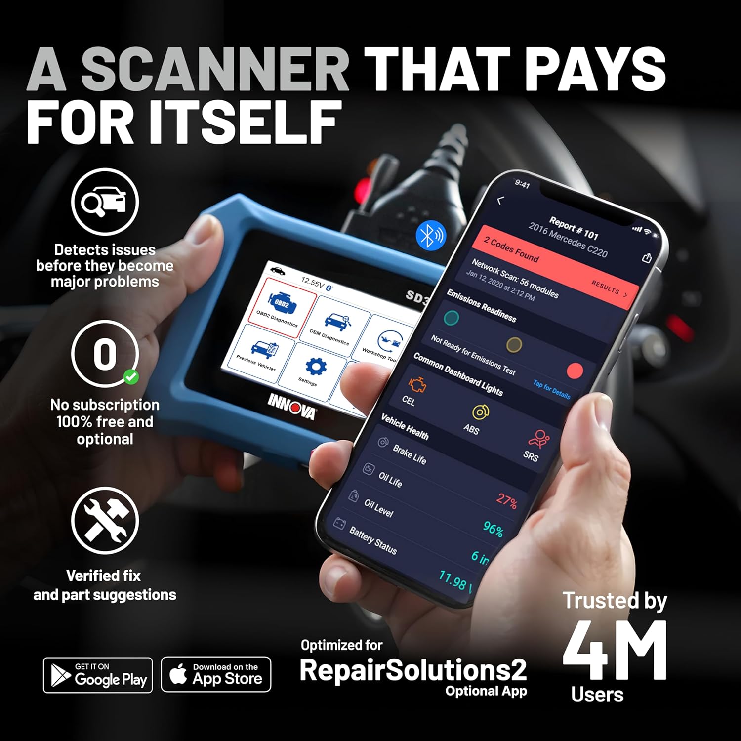 Innov SD3 OBD Scanne ABS SRS TPM Chec Engin Cod Reader Liv Data Al Syste Diagnostics Compatibl wit Mos Vehicles