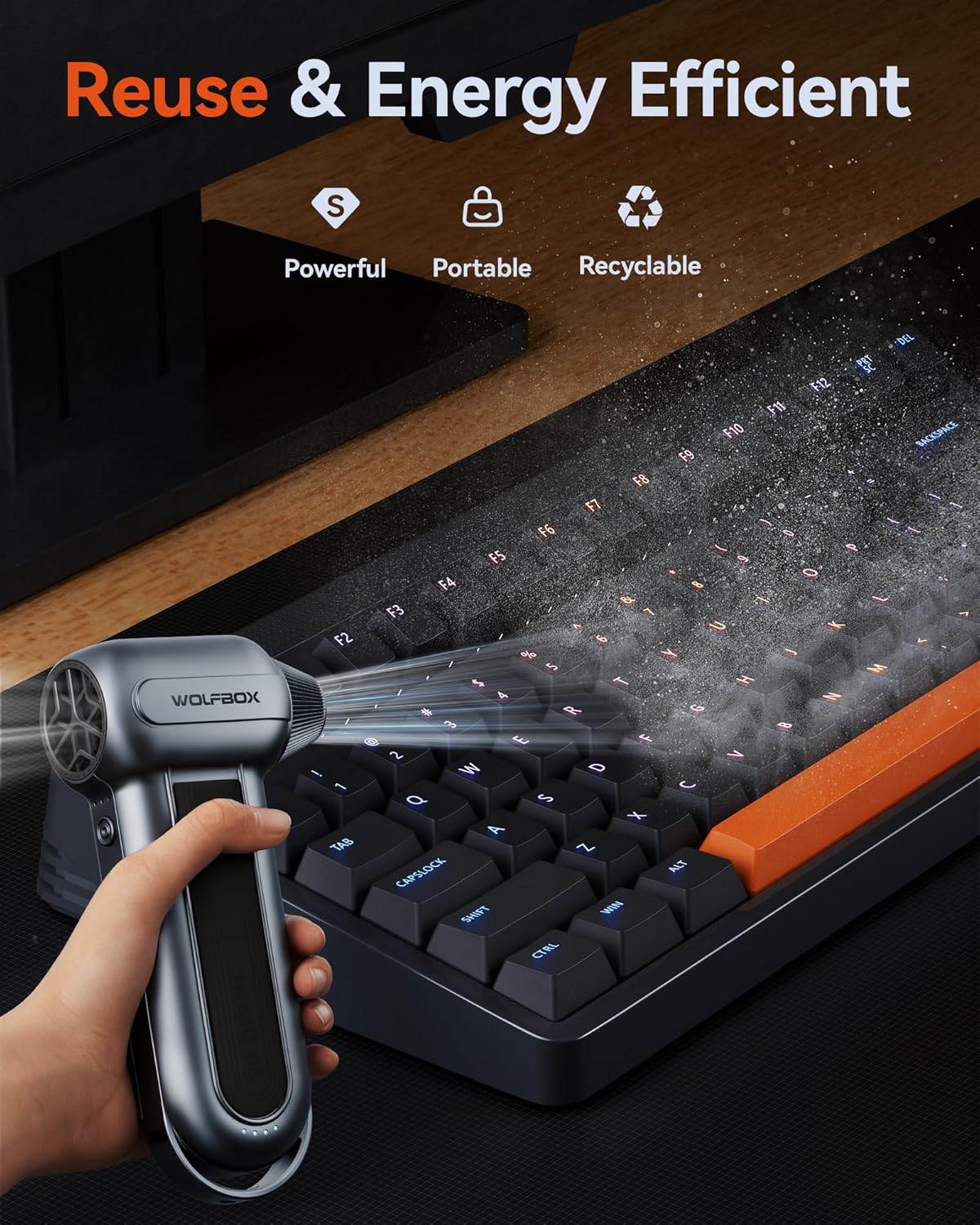 WOLFBO MF10 Electri Ai Duster-150000RP Supe Powe Cordles Ai Duster Rechargeabl Brushles Moto Durabl Blower 3-Gea Adjustabl Dus Blowe fo Computer Keyboard Outdoor Hous an Car