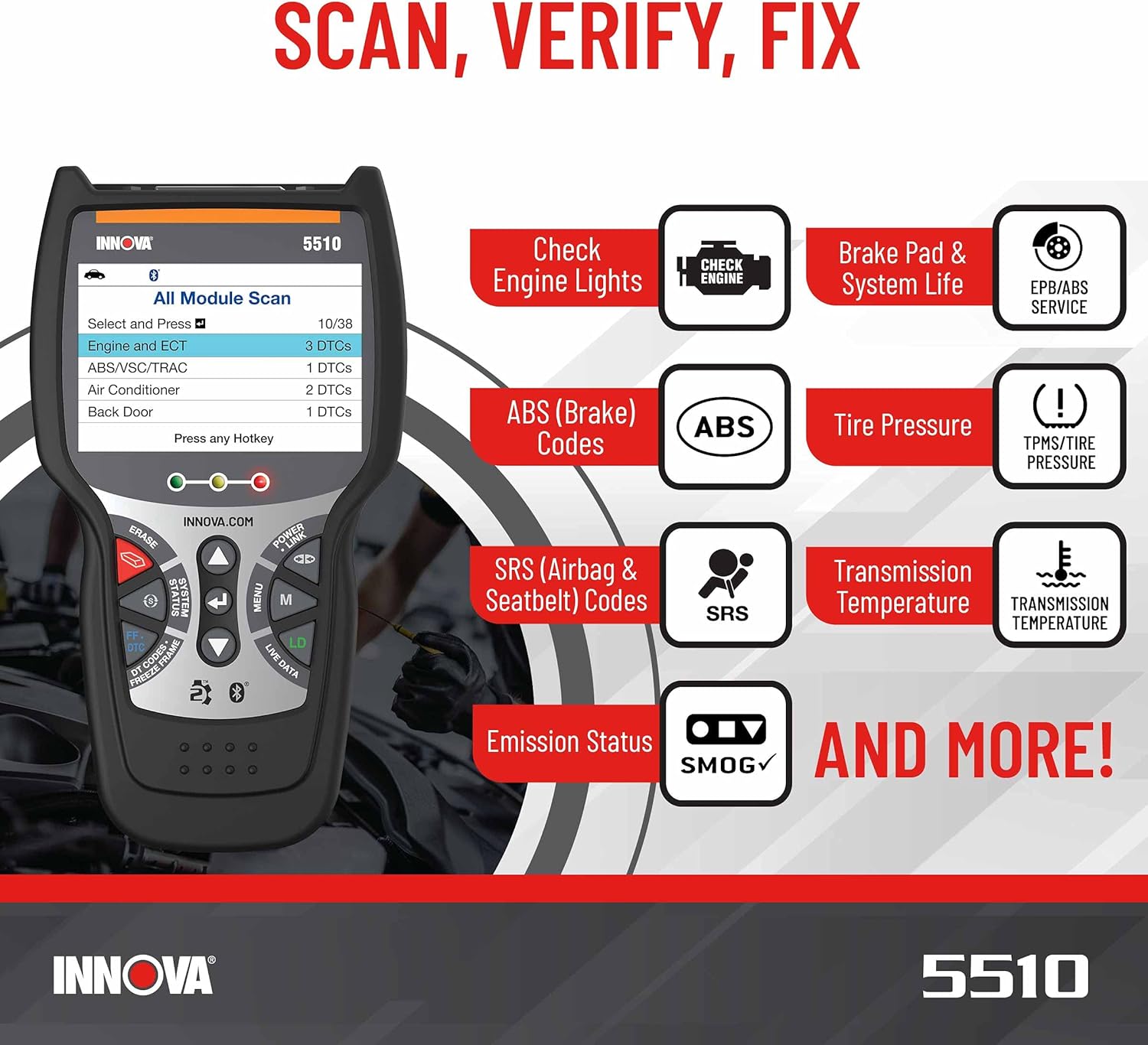 INNOV 551 OBD Scanner Sca Too fo ABS Al Syste Scanner Calipe Service Brak Pa Life Read/Eras ABS/SR Codes Rese Oi Light Liv Data Update Included