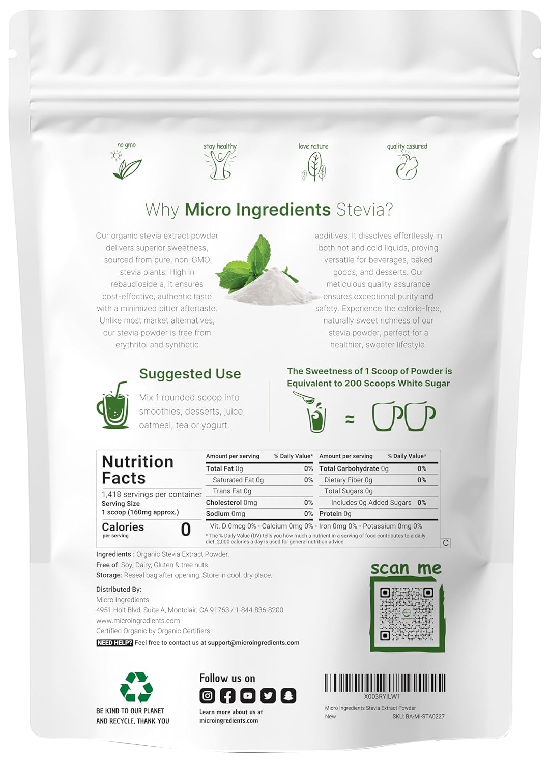 Pur Organi Stevi Powder Ounces 141 Serving Hig Grad Stevi Gree Lea Extrac Reb-A Reduce Bitte Aftertaste Calorie Natura Sweetener Suga Alternative Ket Friendly
