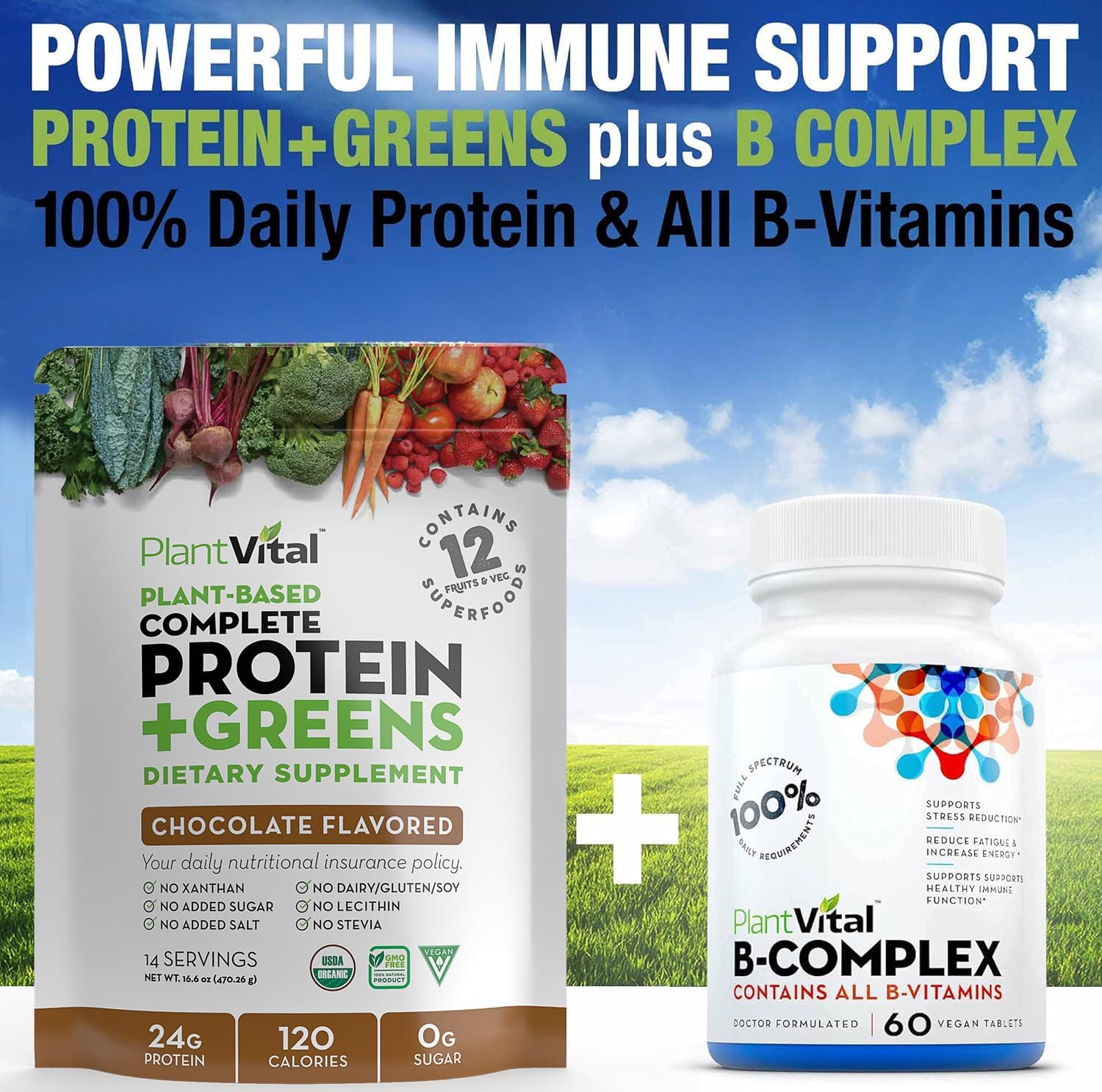 Plantvital Vegan Protein Powder Plant Based, Organic Protein Powder Chocolate 24g/0g Sugar, 12 Superfoods, Veggies, Probiotics, Raw Cocoa, Kale, Beets, Spirulina, Pea, Gluten-Free, Keto-Friendly,16oz