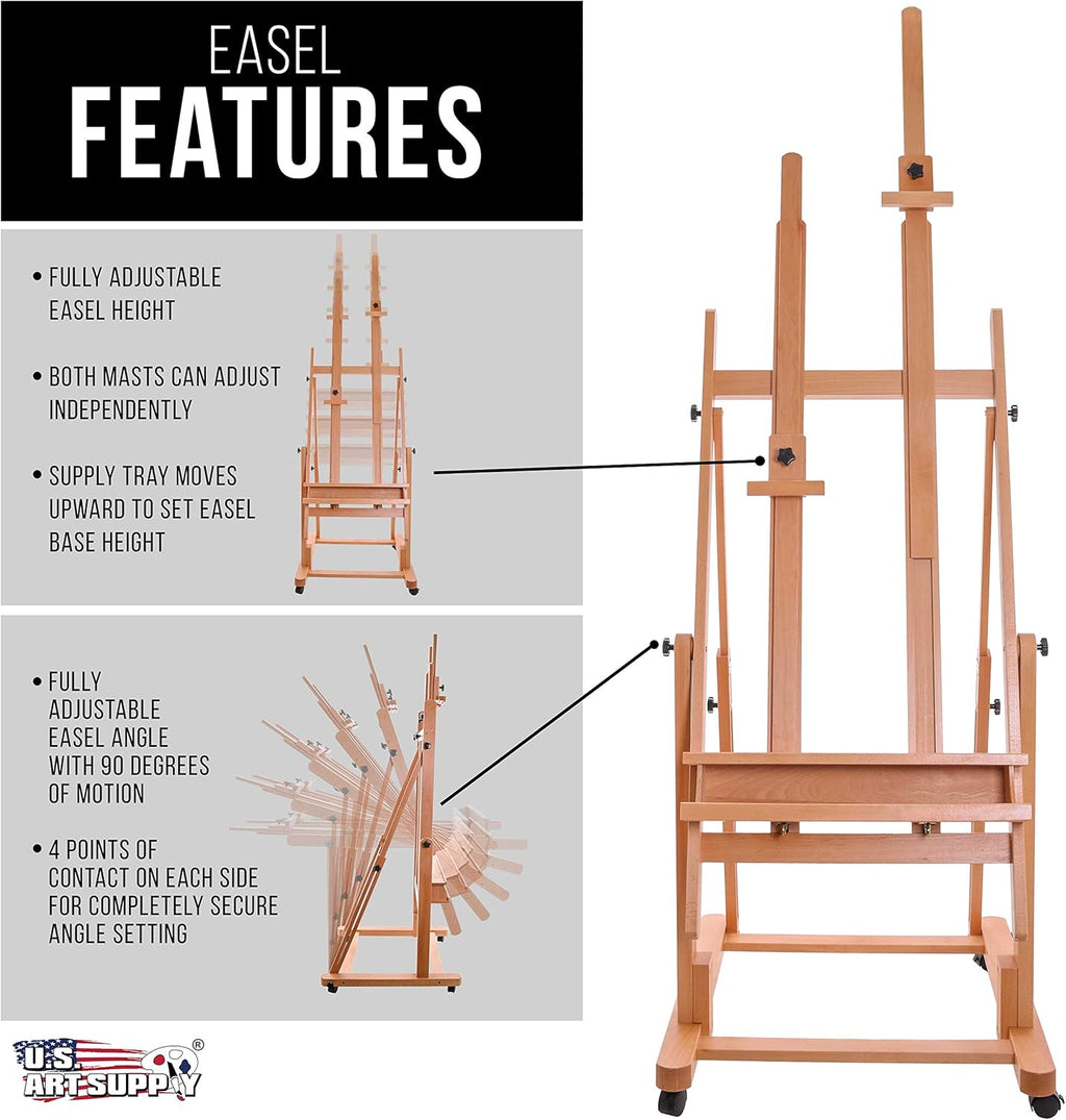 U.S Ar Suppl Extr Larg Doubl Mas Woode H-Fram Easel Adjustabl Studi Artis Ease fo Paintin wit Rotatin Canva Stand Artis Storag Tra Lockin Pr Caste Wheels Premiu Beechwood