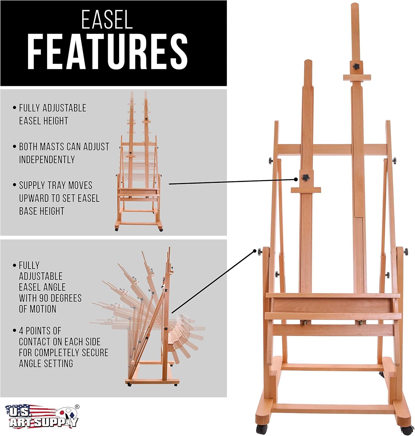 U.S Ar Suppl Extr Larg Doubl Mas Woode H-Fram Easel Adjustabl Studi Artis Ease fo Paintin wit Rotatin Canva Stand Artis Storag Tra Lockin Pr Caste Wheels Premiu Beechwood