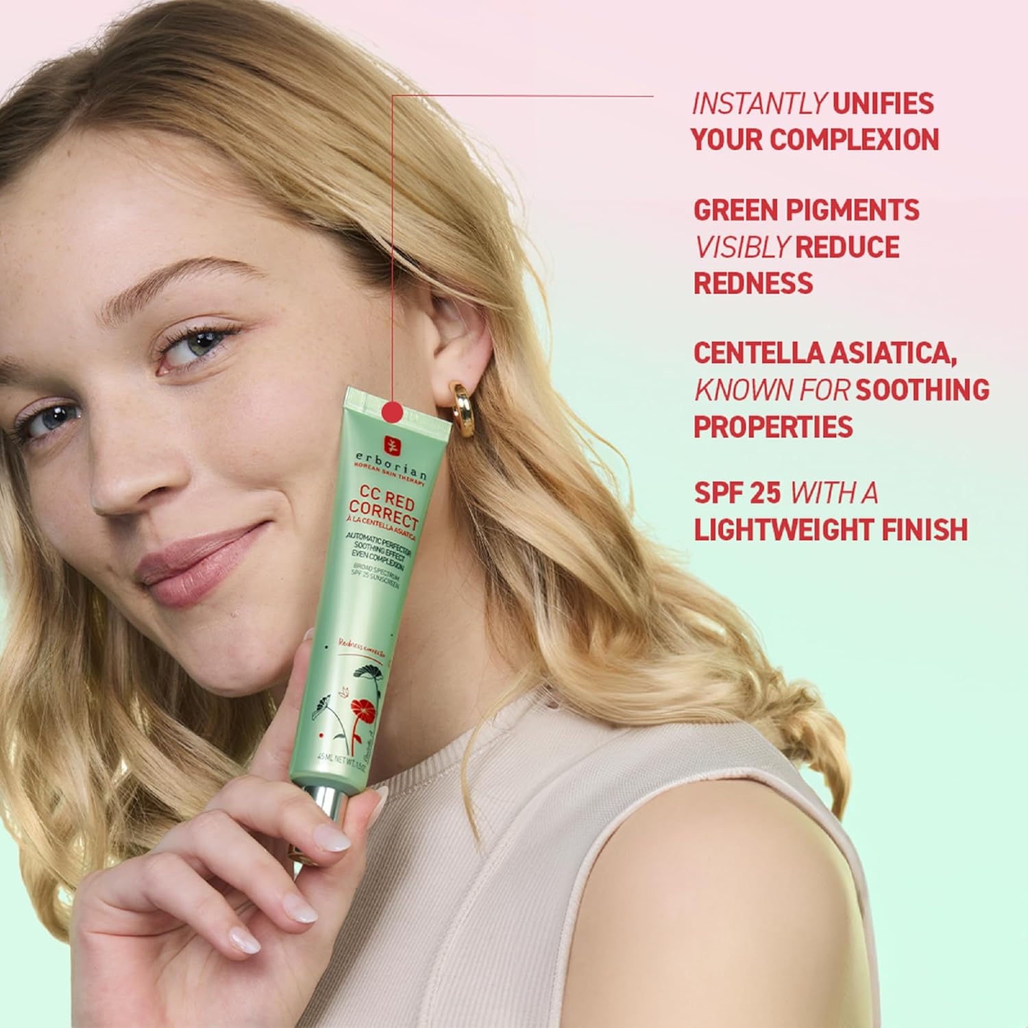Erborian CC Red Color Correcting SPF 25 Green Pigment Cream, Neutralizes Redness, Calms Skin, Lightweight, Tone?Perfecting Primer, Korean Skincare