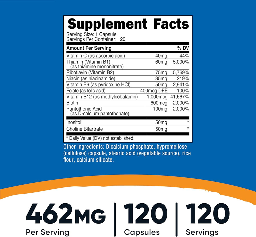 Nutricost High Potency Vitamin B Complex 462mg, 120 Capsules - with Vitamin C - Energy Complex