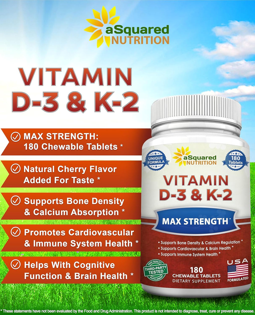 aSquare Nutritio Vitami D wit K Supplement-18 Chewabl Tablets Ma Strengt D- Cholecalcifero K- MK t Suppor Health Bones Teeth Hear -Antioxidan D K MK- Energ Formul Adults