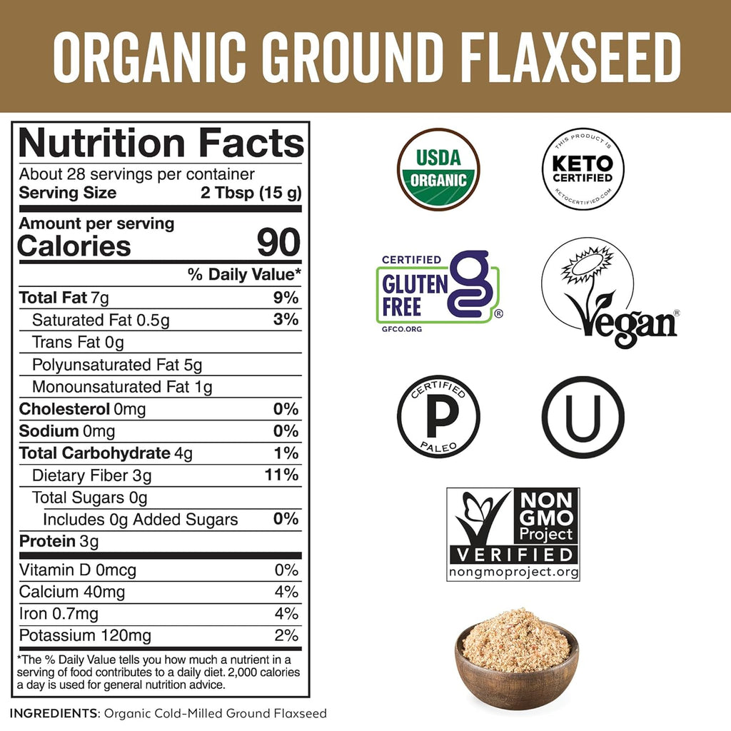Viva Naturals Organic Ground Flaxseed, 15 oz (425 g) ¨C Plant-Based Protein, Vegan Omega-3 Fiber, Finely Milled Flax Seeds, Perfect for Smoothies Baking