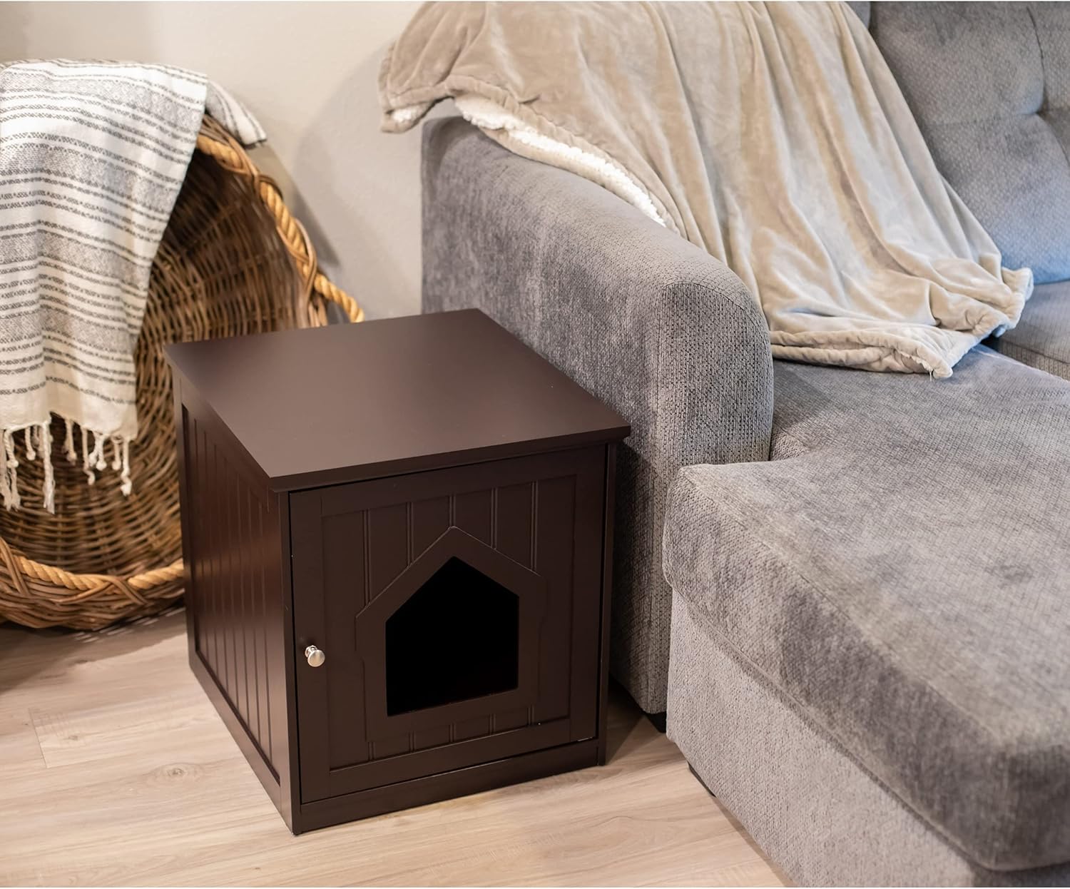 BIRDROC HOM Ca Litte Bo Furnitur Enclosur Hidde Kitt Litte Ca Hous wit Hinge Door Nightstand Sid Tabl Pe Crate Indoo Outdoo Woo Cabine fo Smal Cat an Dog Espresso