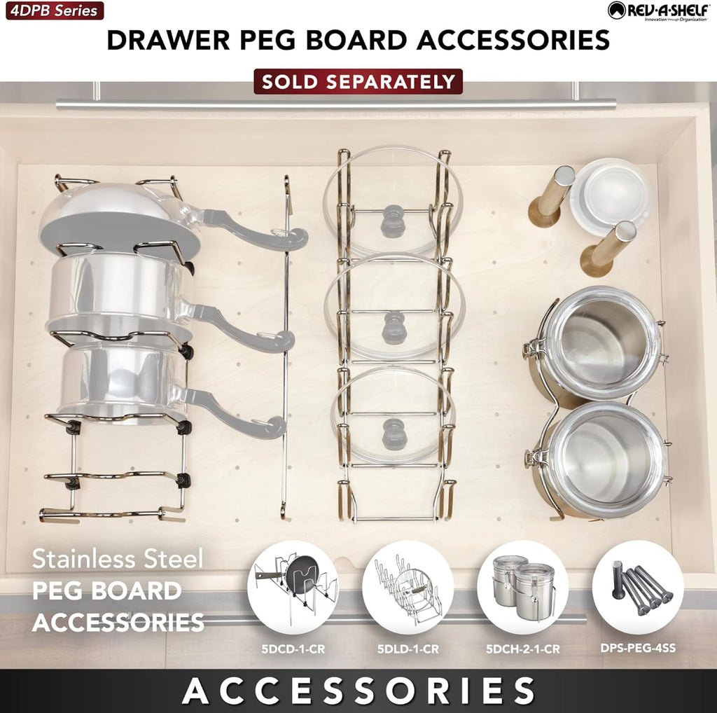 Rev-A-Shelf Trimmable Pegboard Drawer Divider Organizer, Trim to Fit Wooden Kitchen Cabinet Storage Utensil, Pots & Dish Rack, 30inch x 21inch, 4DPS-3021