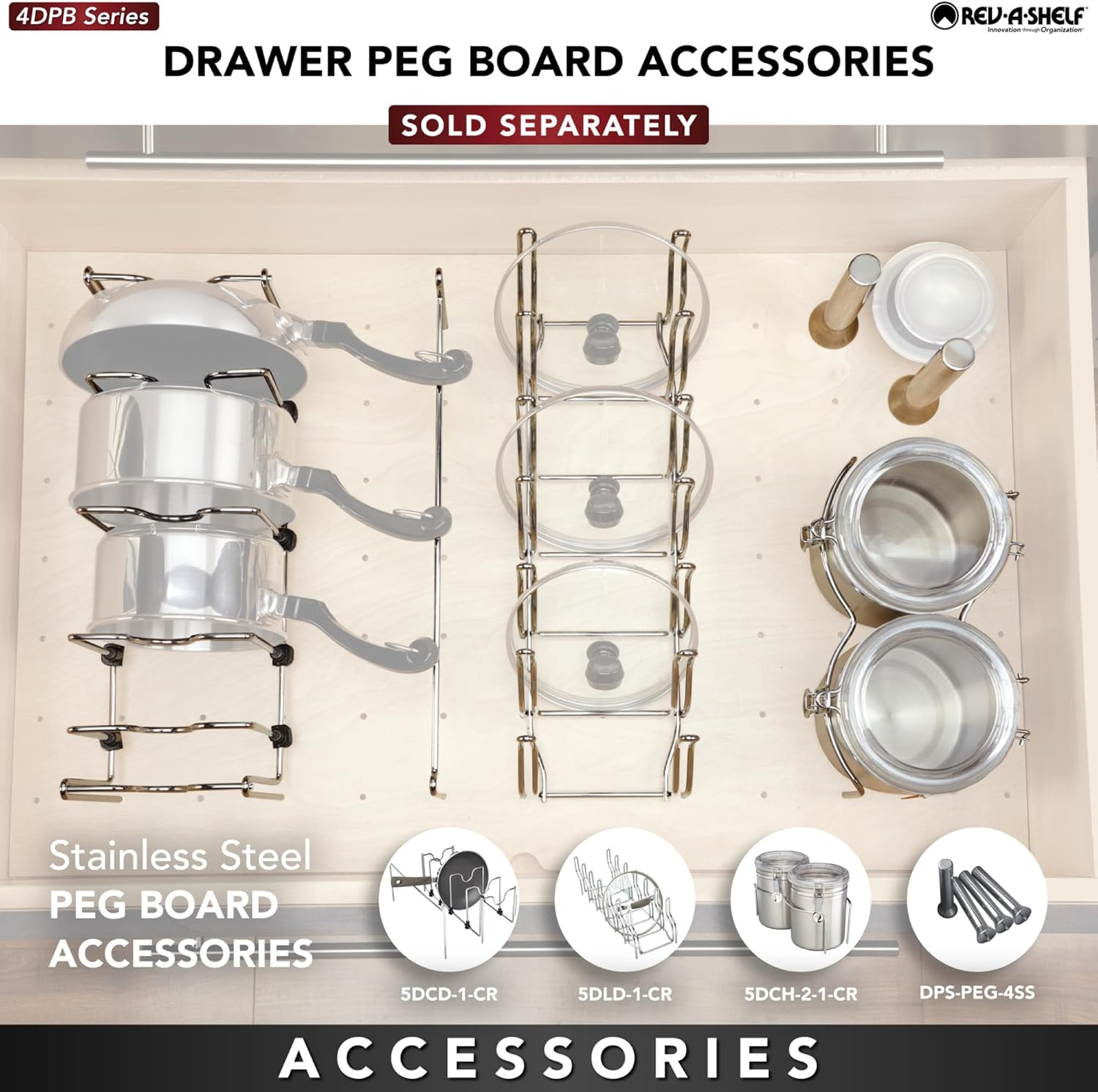 Rev-A-Shelf Trimmable Pegboard Drawer Divider Organizer, Trim to Fit Wooden Kitchen Cabinet Storage Utensil, Pots & Dish Rack, 30inch x 21inch, 4DPS-3021