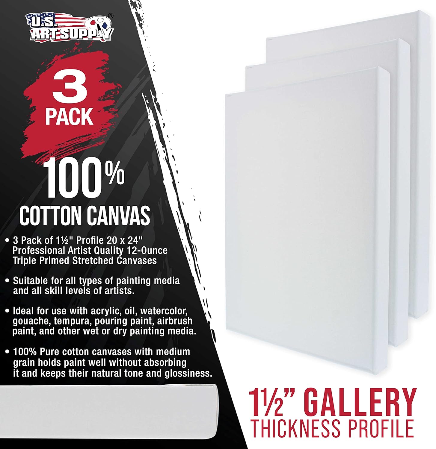 U.S Ar Suppl Larg Stretche Canva fo Paintin 20x2 inc Galler Dept 1-1/2inc Thick 3-Pac 12o Acryli Gess Tripl Primed Professiona Artis Quality 100 Cotto Oil Pourin Paint