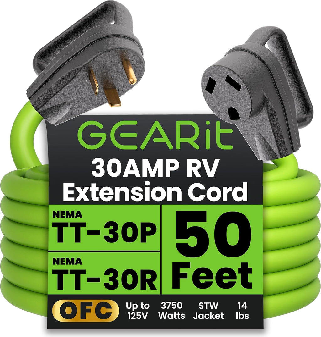 GEARit 30-Amp Extension Cord for RV and Auto, (50-Feet) 3-Prong 125-Volt 10/3 STW 10AWG Gauge 3 Wire, NEMA TT-30P to TT-30R, Outdoor Camper Power Cord