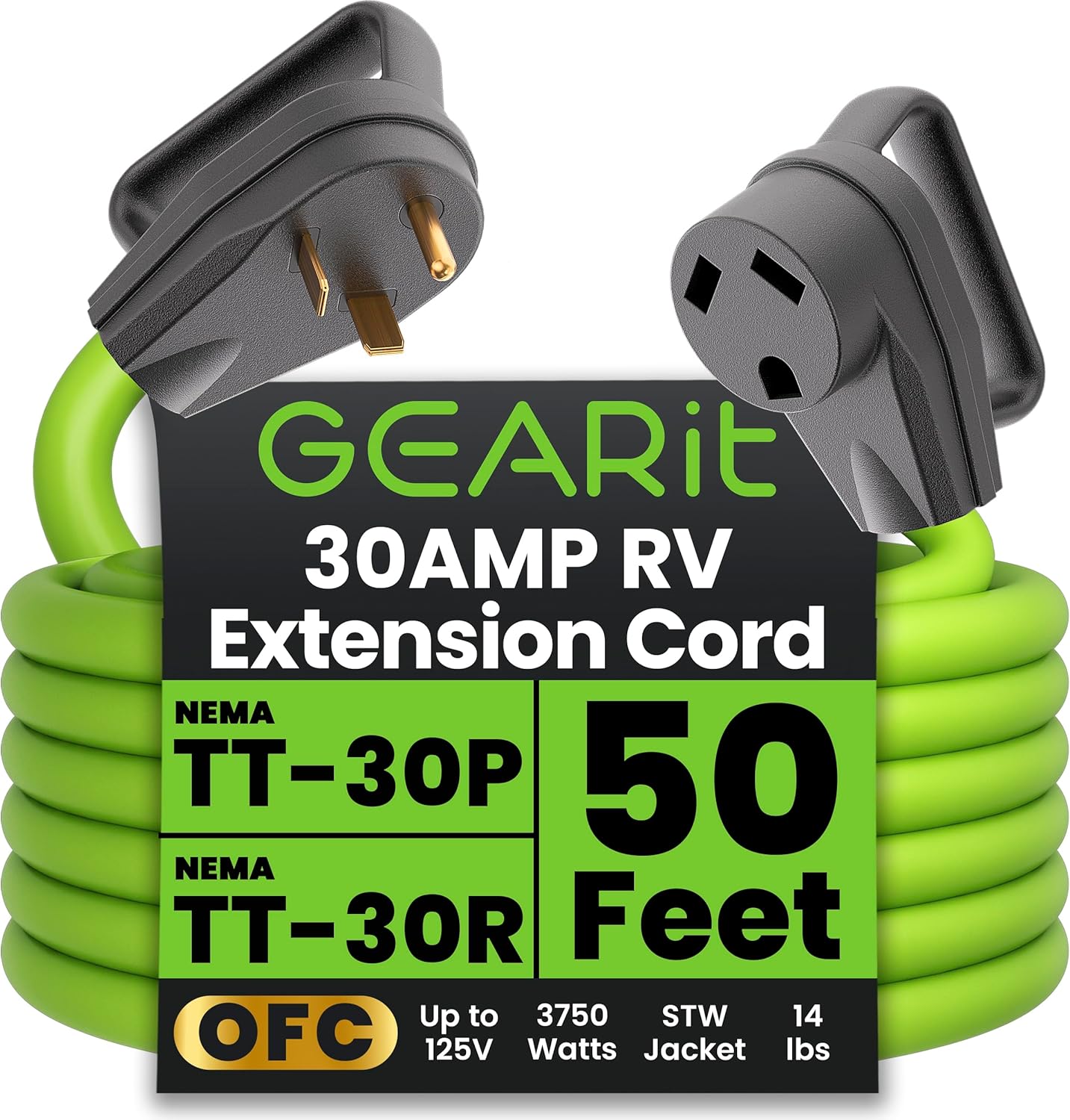 GEARit 30-Amp Extension Cord for RV and Auto, (50-Feet) 3-Prong 125-Volt 10/3 STW 10AWG Gauge 3 Wire, NEMA TT-30P to TT-30R, Outdoor Camper Power Cord