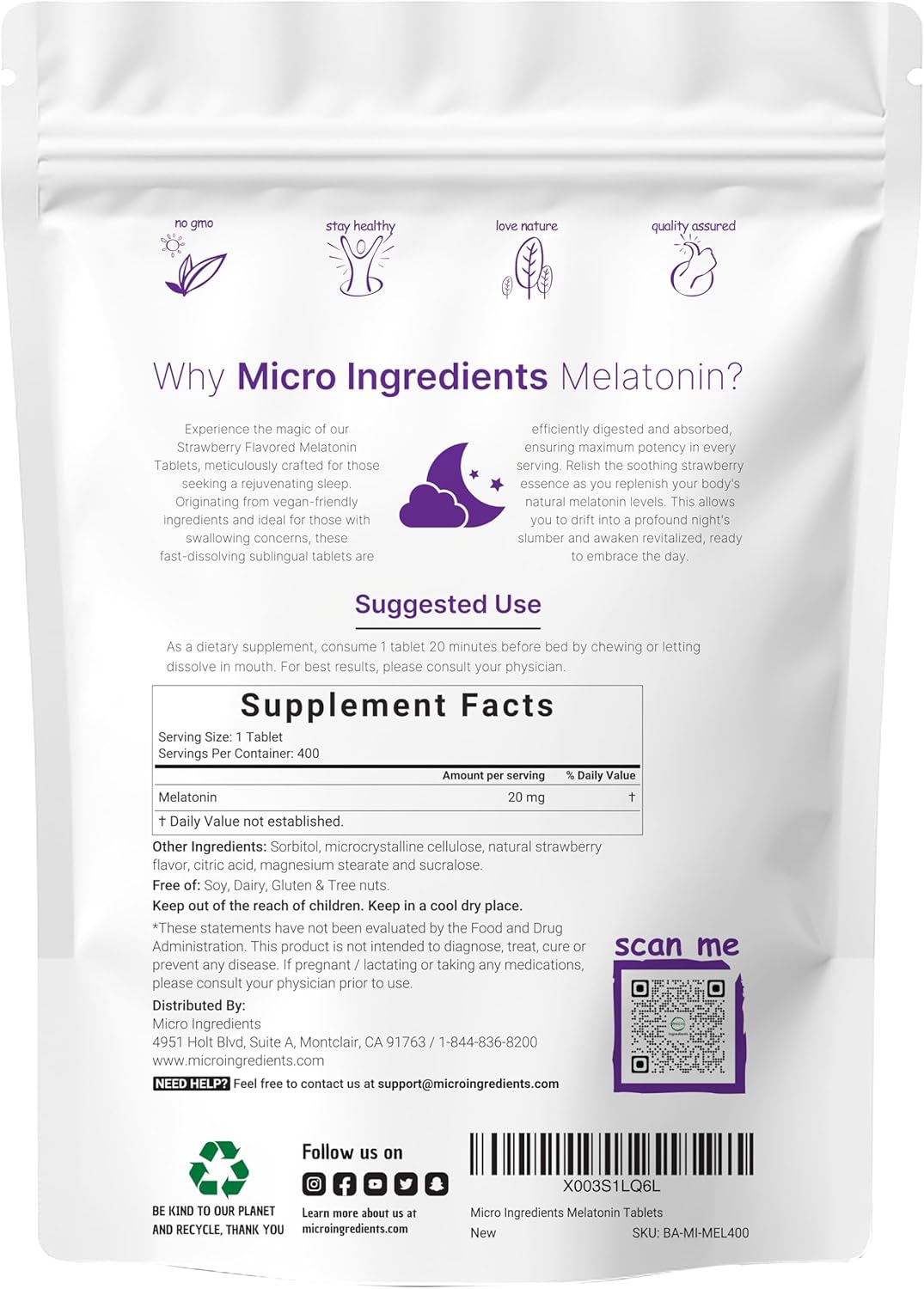 Micr Ingredient Melatoni 20mg 40 Tablet Natura Strawberr Flavo Fas Dissolv N Dru Vegetaria Friendl Non-GMO N Gluten Suga Free