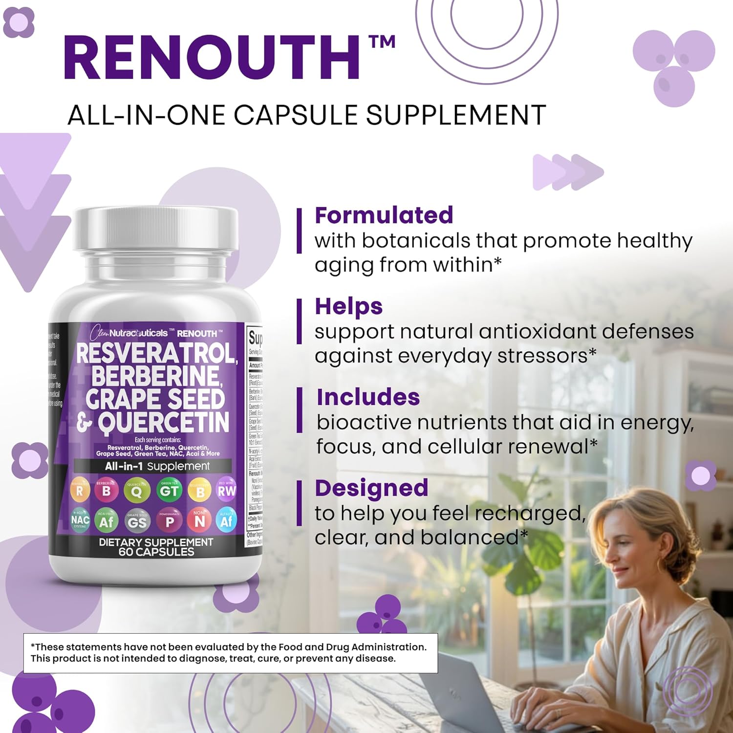 Clea Resveratro Supplemen Berberin Grap See Extrac Querceti Gree Te Extrac Aca Non Polypheno Supplemen fo Wome Me Ant Agin N-Acety Cystein NA Booster