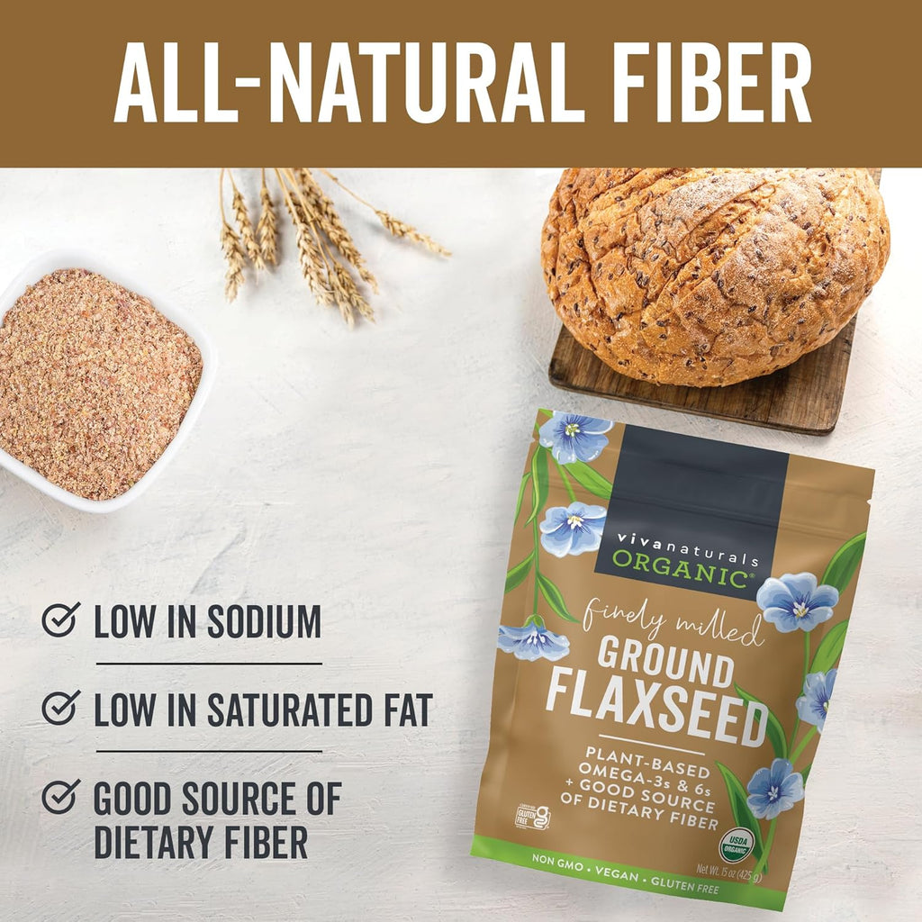 Viva Naturals Organic Ground Flaxseed, 15 oz (425 g) ¨C Plant-Based Protein, Vegan Omega-3 Fiber, Finely Milled Flax Seeds, Perfect for Smoothies Baking