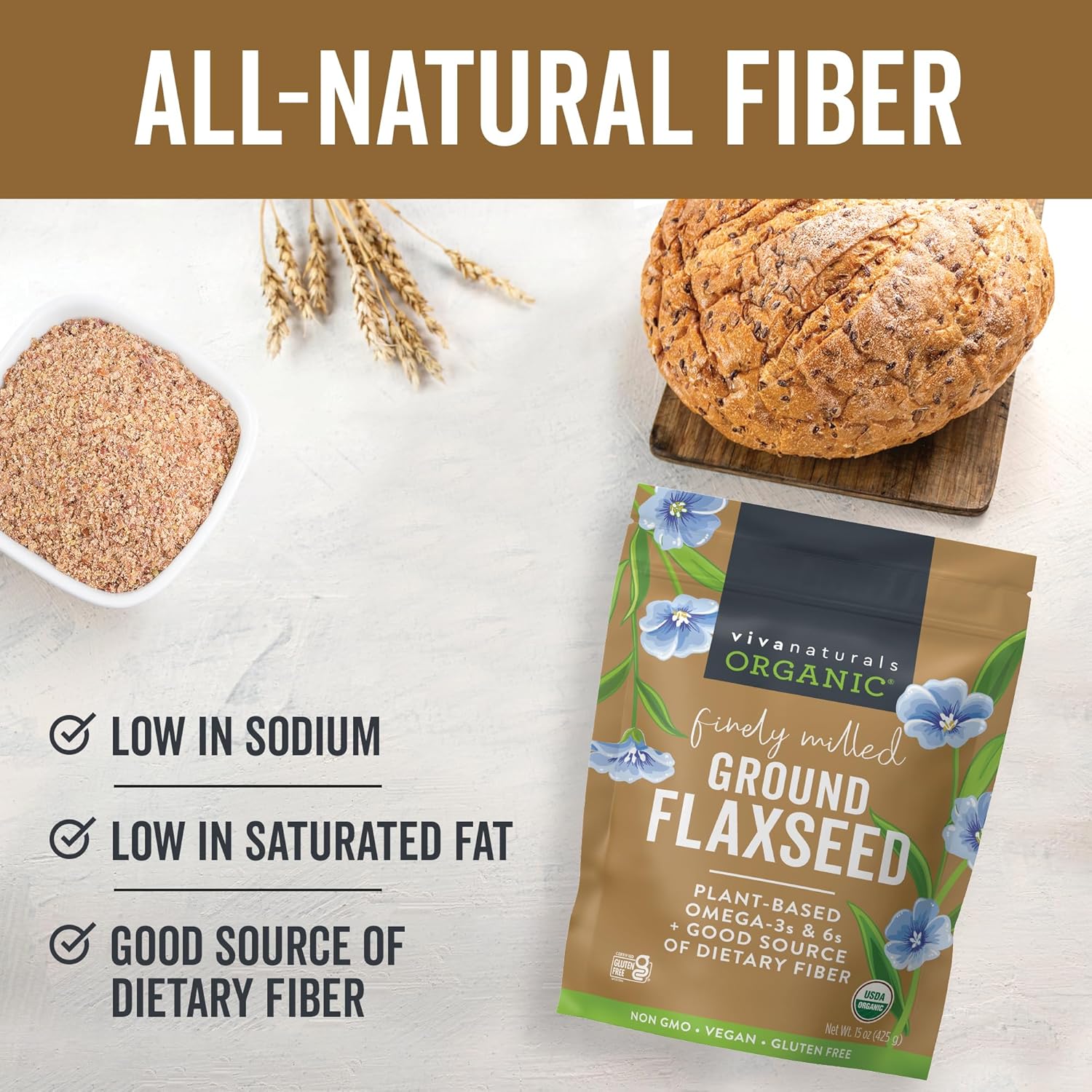 Viva Naturals Organic Ground Flaxseed, 15 oz (425 g) ¨C Plant-Based Protein, Vegan Omega-3 Fiber, Finely Milled Flax Seeds, Perfect for Smoothies Baking