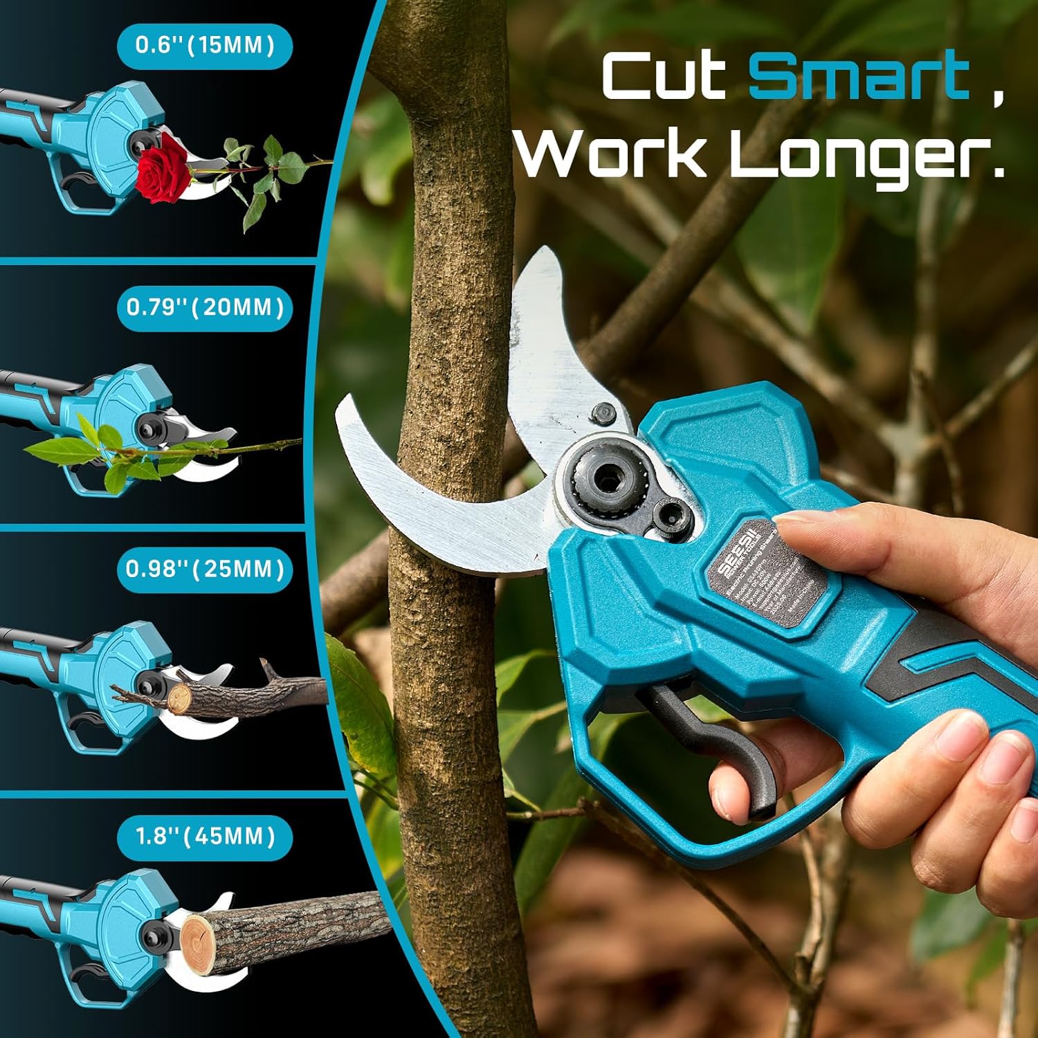 SEESII Pole Electric Pruning Shears: 1.8inch Cutting Diameter 2-in-1 Cordless Power Pruner - Brushless Motor, Dual 4.0Ah Batteries, Extra SK5 Blade, 4 Modes Adjustable Branch Cutter for Garden Trimming