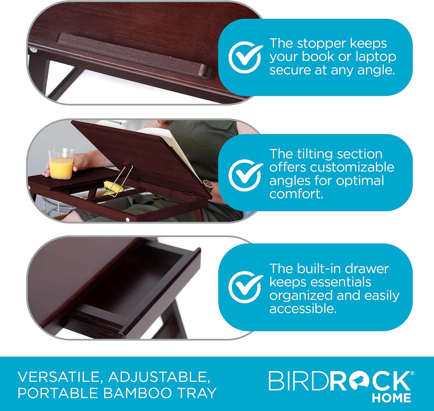 BIRDROCK HOME Bamboo Laptop Bed Tray with Adjustable Tilt Surface | Foldable Legs Pullout Storage Drawer | Wooden Lap Desk for Work, Reading, or Eating | Fits Laptops Up to 15inch | Walnut Finish