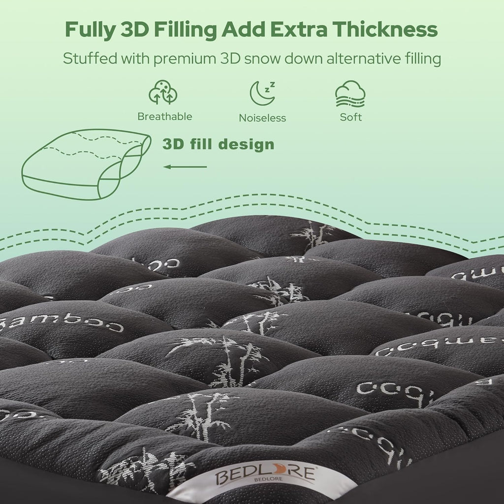 Twin XL Mattress Topper Viscose Derived from Bamboo, Thick Pillow Top Mattress Pad with Deep Pockets for 6-15 inches Mattress, Soft Mattress Topper College Dorm Size for Back Pain(Dark Gray)