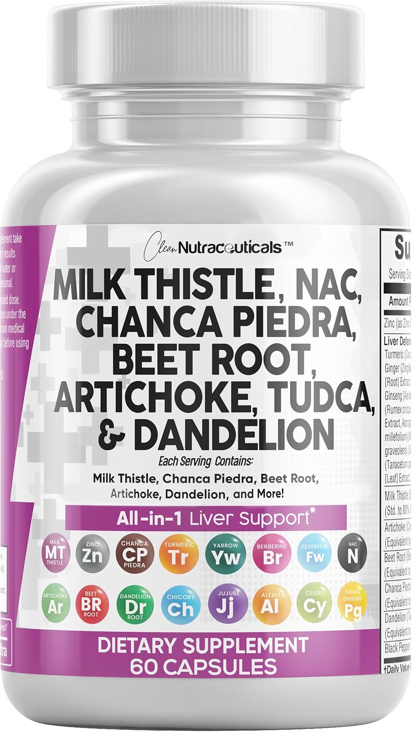Clean Nutraceuticals Milk Thistle NAC Chanca Piedra Beet Root Artichoke Dandelion Root - Liver Cleanse Detox Repair Supplement Plus TUDCA Choline Ginger 60 Count