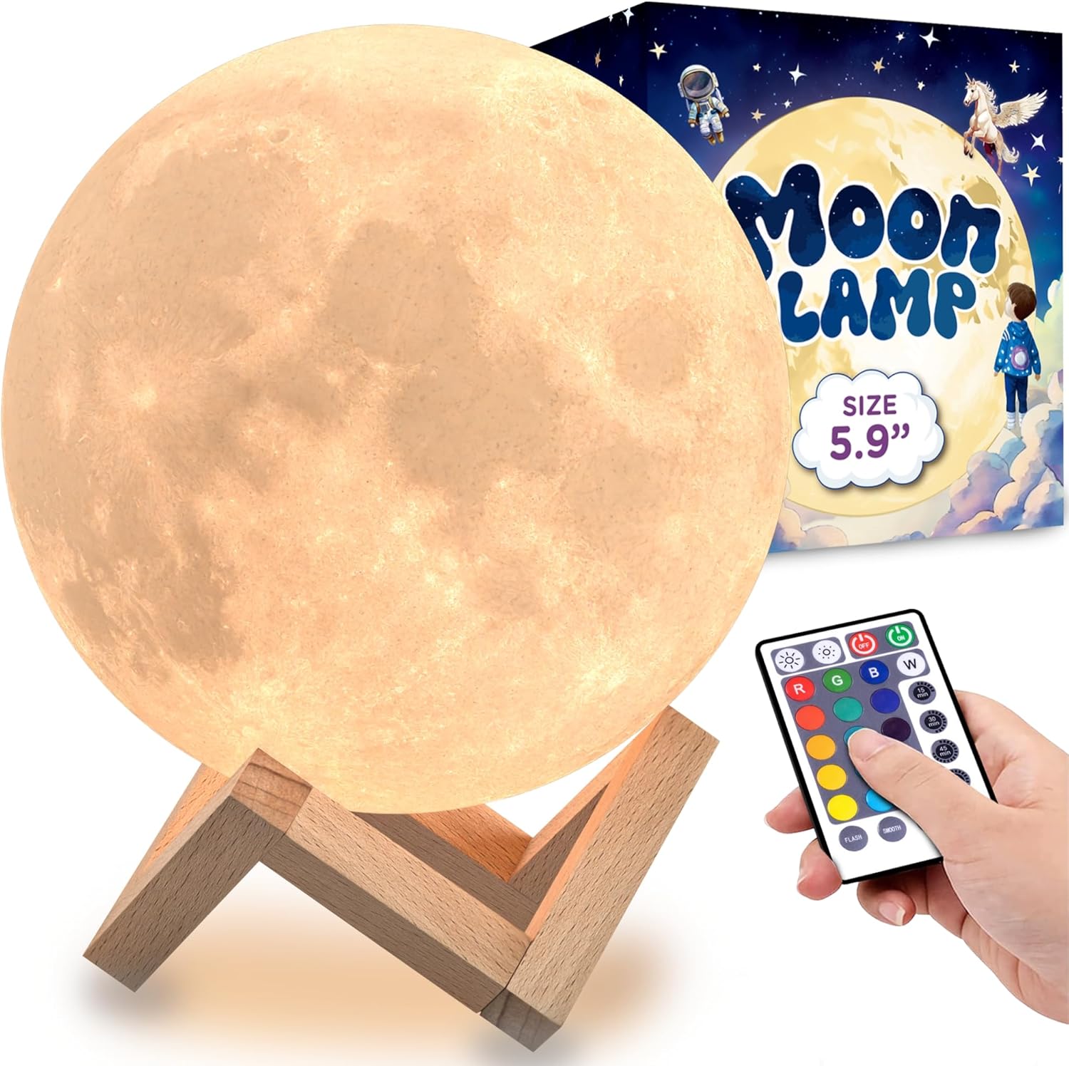 Mind-glowing 3D Moon Lamp - 16 LED Colors, Dimmable, Rechargeable Night Light (Large, 5.9in) with Wooden Stand, Remote Touch Control - Nursery Decor for your Baby, Birthday Gift Idea for Women