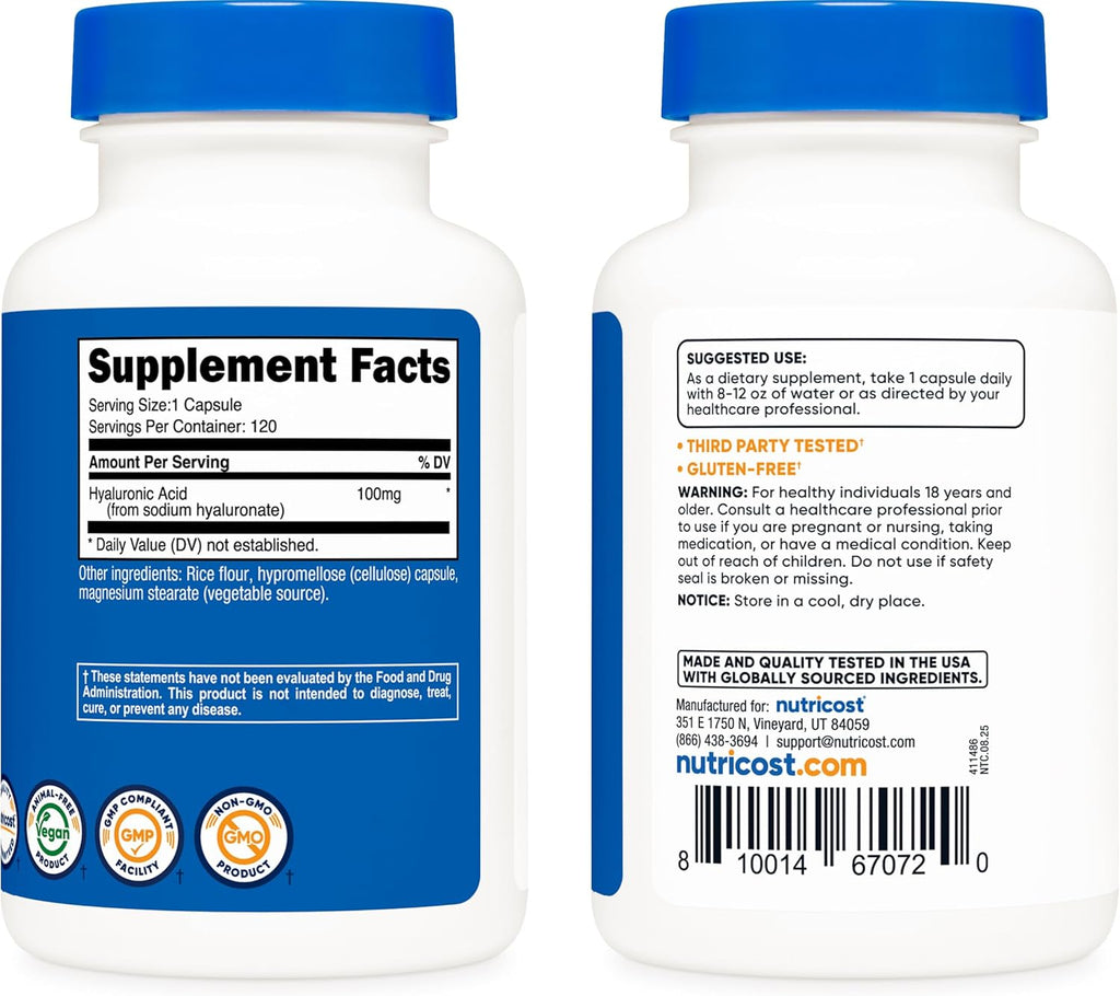 Nutricost Hyaluronic Acid Capsules 100mg,120 Vegetarian Capsules - Gluten Free, Non-GMO