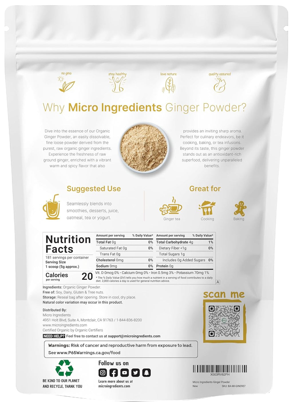 Organi Ginge powder 2lb (32oz Premiu Sourc fo Spic Seasonin Grea fo Baking Cookin Te Additiv Free Non-GMO Bul Supply
