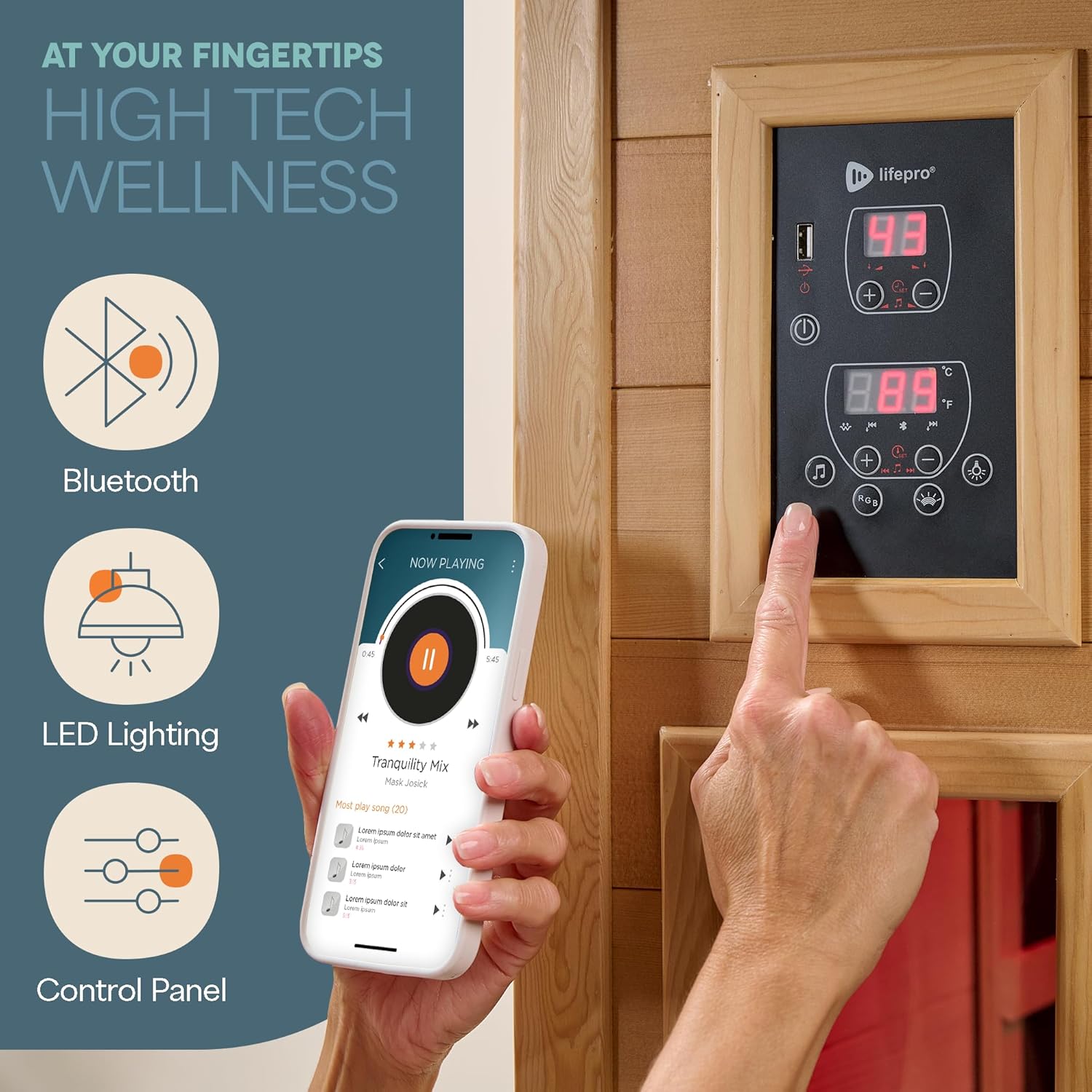 LifePro 1 Person Far Infrared Sauna for Home - Home Sauna, Tempered Glass Door, Oxygen Ionizer, & 7 Chromotherapy Lights for Indoor Sauna - Canadian Hemlock Wood Dry Sauna with Bluetooth Sound System