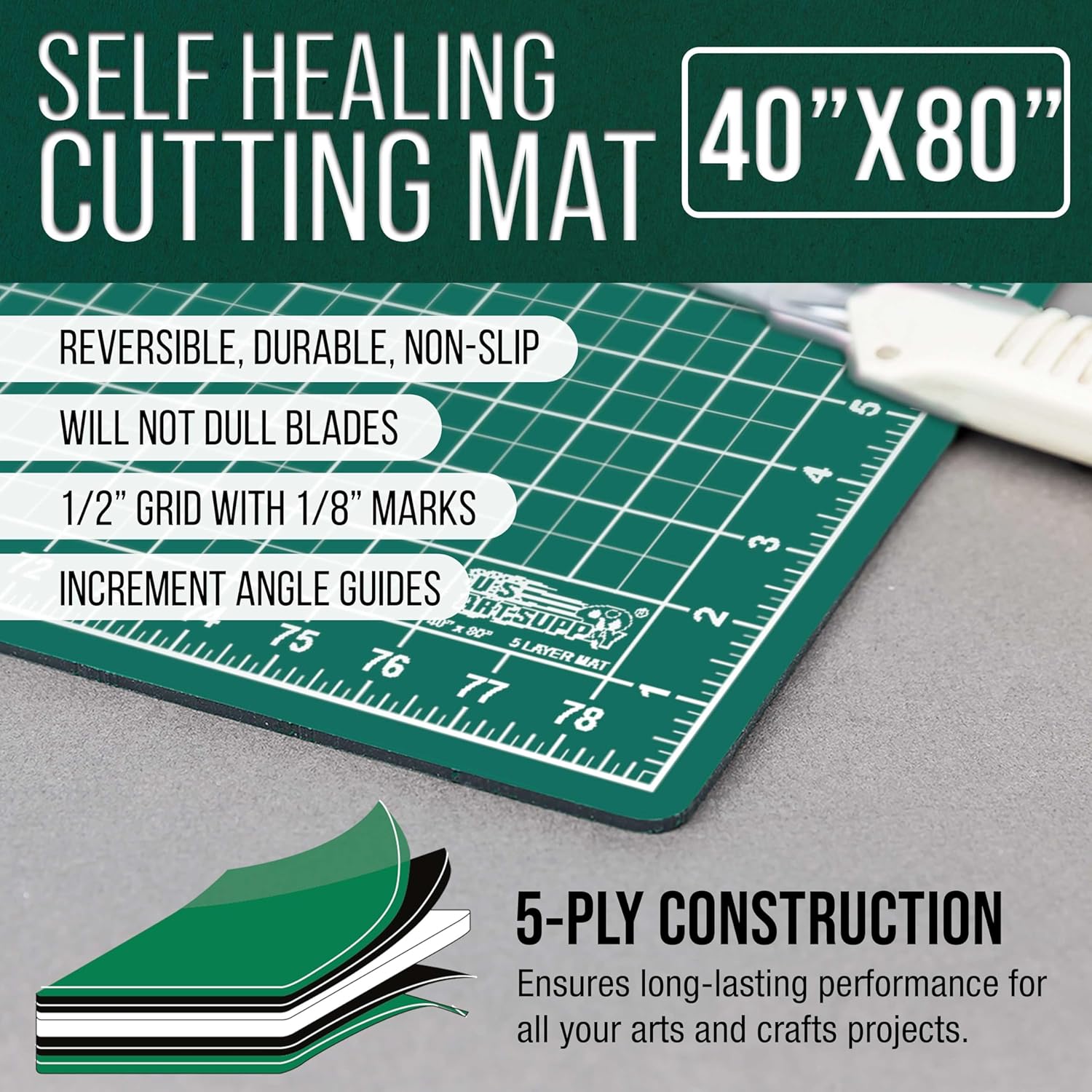 U.S Ar Suppl 40inc 80inc Self-Healin Cuttin Ma 5-Pl Double-Side Green/Blac Craf Mat Non-Sli Cuttin Mat fo Crafts Sewing Quilting Scrapbooking