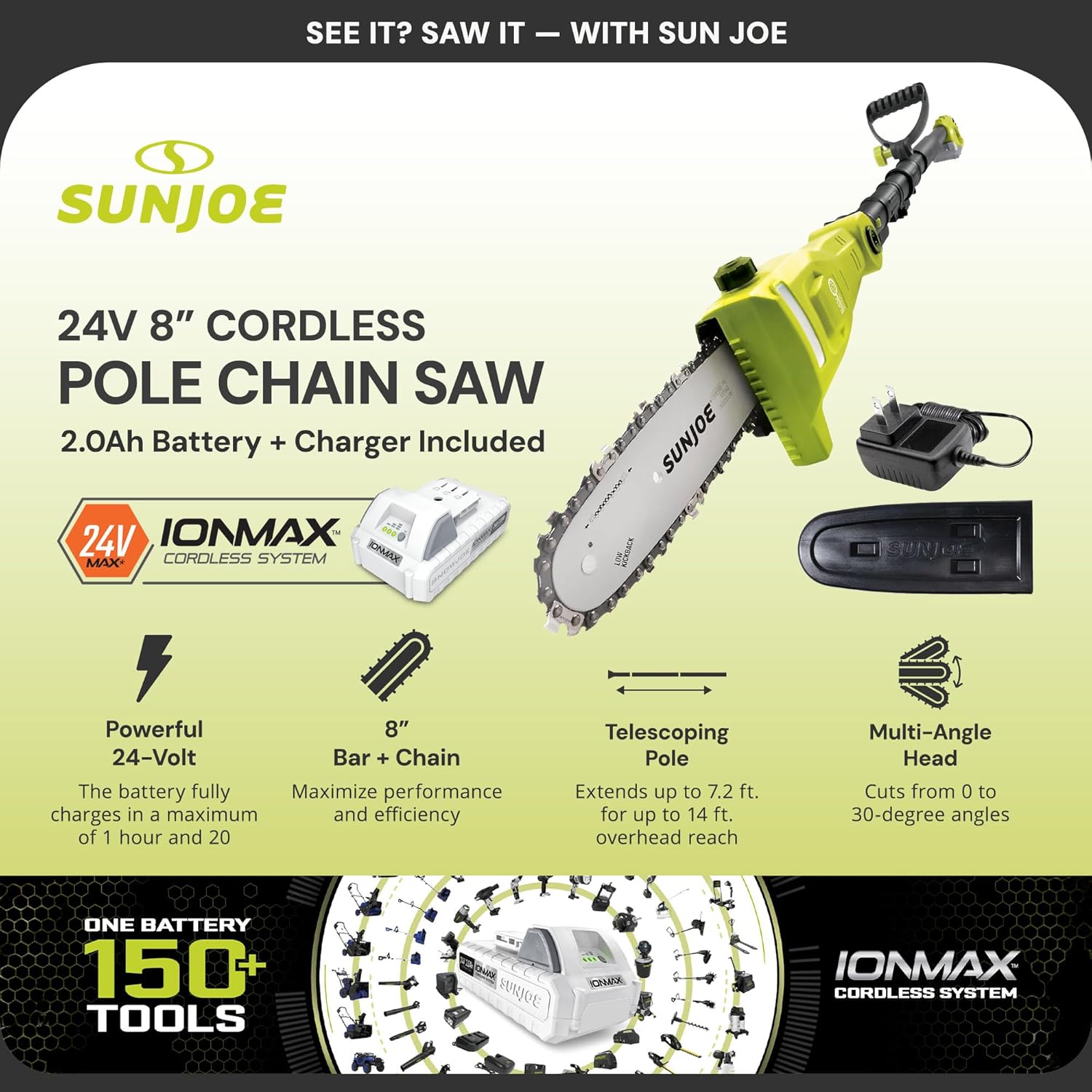 Su Jo Cordles Pol Chainsa Machine Electri Telescopin Trimmer Extendabl U t 7. F Heavy-Dut Trimmin Equipmen fo Tre Trunks Limbs Logs Brush an Branches 24V-PS8-LTE