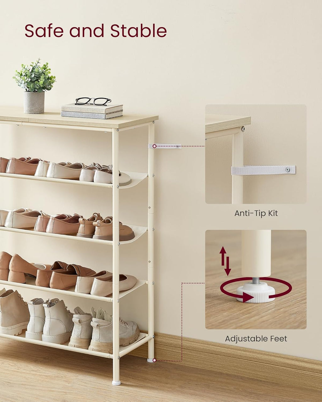 Shoe Rack, 5-Tier Shoe Storage Organizer for Entryway and Closet, Holds 12-16 Pairs of Shoes, 4 Fabric Shelves, Steel Frame, Modern, Natural Beige and Pearl White ULBS036K01