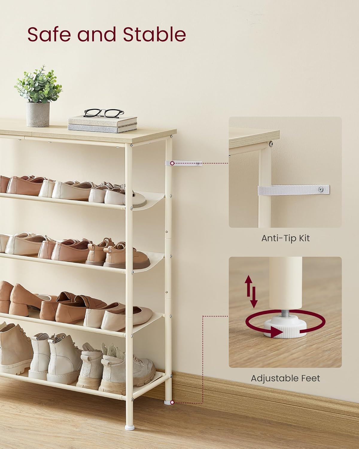 Shoe Rack, 5-Tier Shoe Storage Organizer for Entryway and Closet, Holds 12-16 Pairs of Shoes, 4 Fabric Shelves, Steel Frame, Modern, Natural Beige and Pearl White ULBS036K01