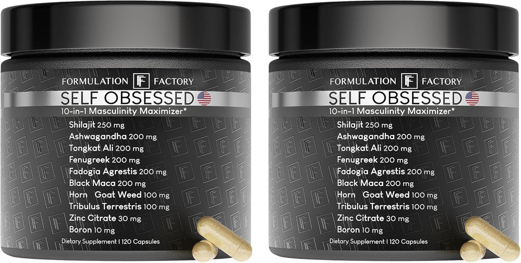 Formulation Factory Self Obsessed 10 in 1 Masculinity Maximizer Supplement, Shilajit for Men, Tongkat Ali, Ashwaganda, Fenugreek Muscle Growth, Energy, Drive, Strength, Recovery 4 Month (Pack of 2)