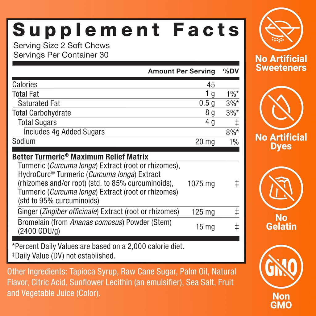 Force Factor Better Turmeric Maximum Joint Support, 1075mg Curcumin with Ginger to Support Mobility, Flexibility Comfort, Chews More Convenient Than Turmeric Gummies, Fruit Punch, 60 Soft Chews