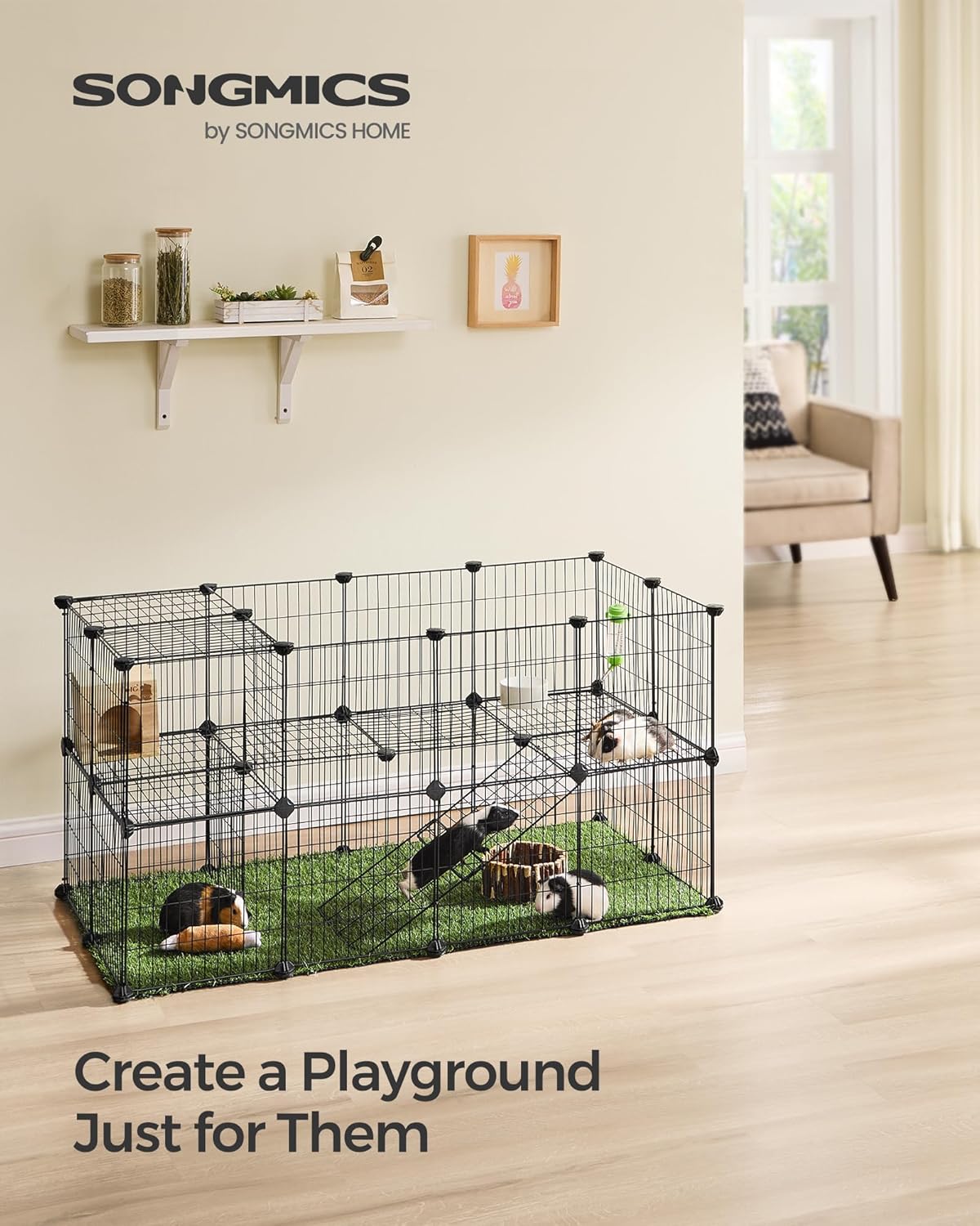 SONGMICS 36 Panels Pet Playpen, Small Animal Playpen, Rabbit Guinea Pig Cage, Zip Ties Included, Metal Wire Apartment-Style Two-Story Pet Premium Villa for Bunnies Puppies,Indoor Use, Black ULPI002B01