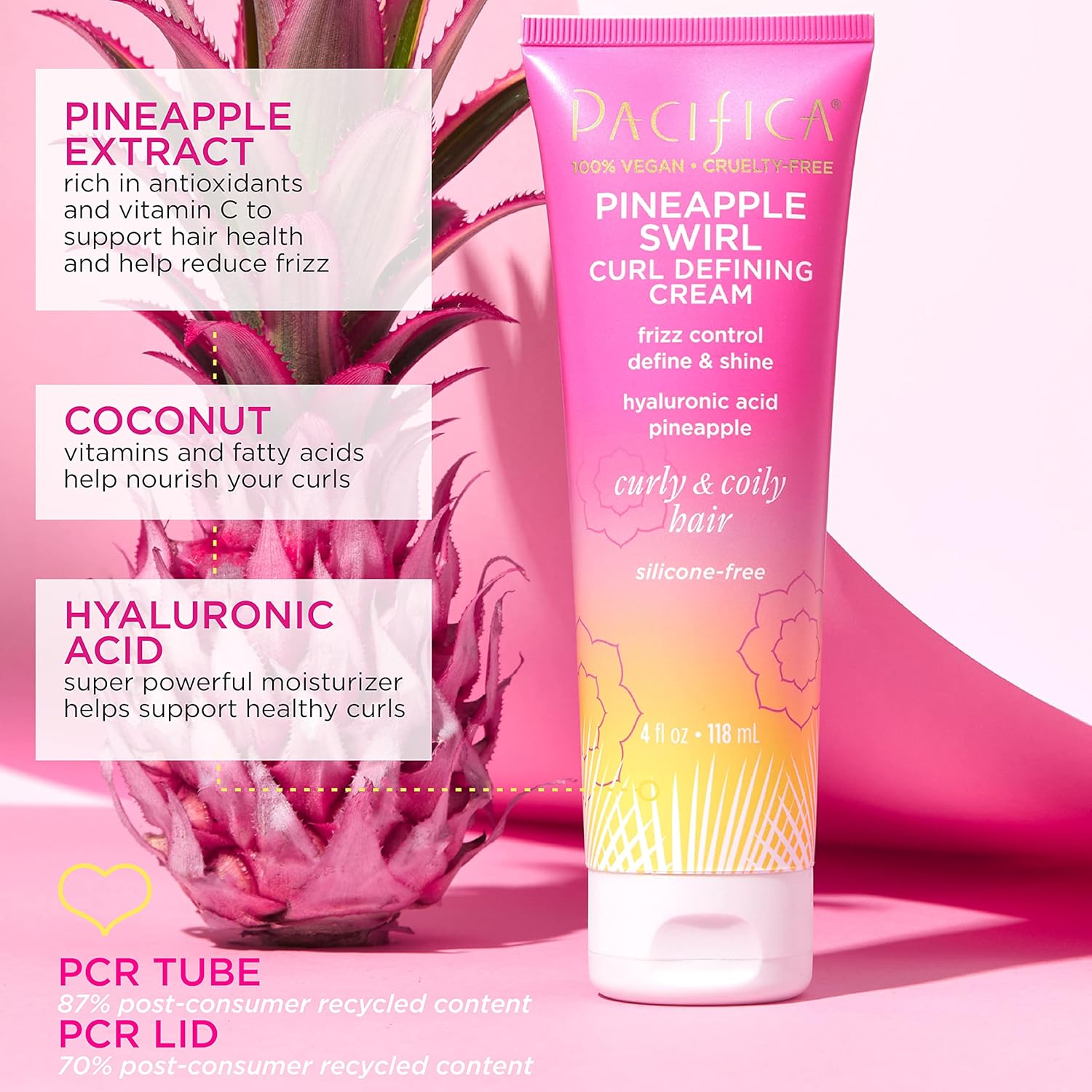 Pacifica Pineapple Swirl Curl Defining Cream ¨C Curl Cream for Curly Hair, Curly Hair Products with Coconut Oil and Hyaluronic Acid, Styling for Bouncy Waves Without Crunch - 4 Oz
