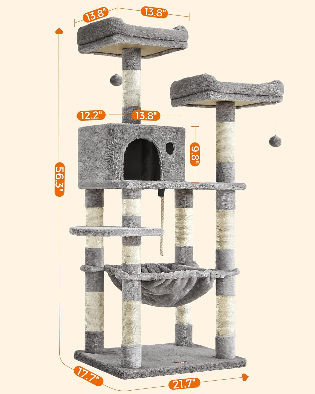 Cat Tree, Cat Tower for Indoor Cats, 56.3-Inch Cat Condo with Scratching Posts, Hammock, Plush Perch, Light Gray UPCT15W