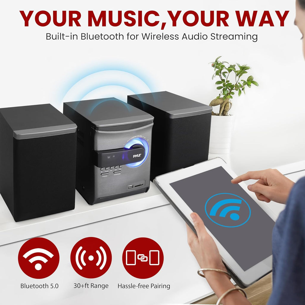 Pyle Home Stereo Shelf System ¨C 30W Bluetooth CD Player with FM Radio, USB/SD Playback, Dual 2-Way Speakers, Remote Control, Clear Sound Audio System for Home Entertainment ¨C (Black) PHSKR24