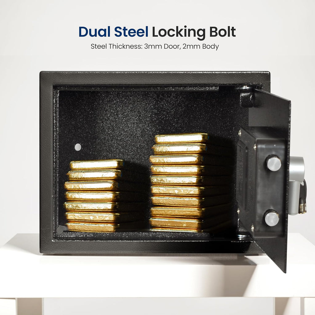 Electronic Safe Box | Heavy-Duty 12.2¡¯¡¯ x 7.8¡¯¡¯ Small Lockbox | Digital Keypad Code 2 Key Override | Compact Money Safe for Cash, Jewelry, Valuables | Wall Floor Mountable Storage