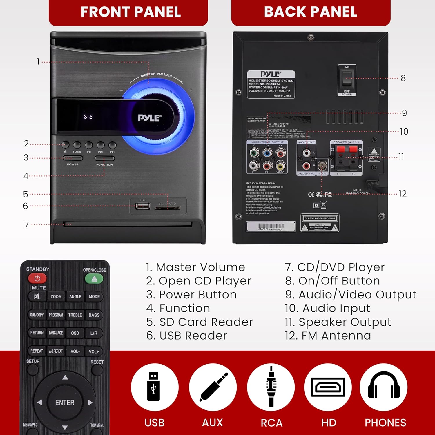 Pyle Home Stereo Shelf System ¨C 30W Bluetooth CD Player with FM Radio, USB/SD Playback, Dual 2-Way Speakers, Remote Control, Clear Sound Audio System for Home Entertainment ¨C (Black) PHSKR24
