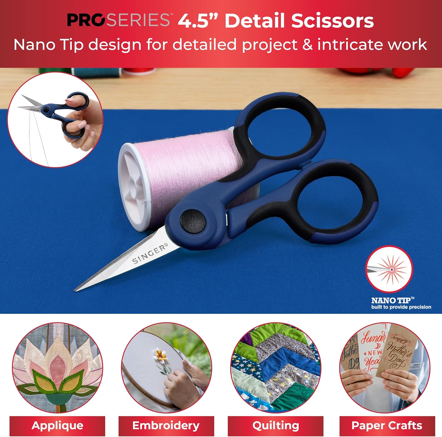 SINGER ProSeries Sewing Scissors Bundle: 8.5inch Heavy Duty Fabric, 4.5inch Detail Embroidery, 5inch Thread Snips With Comfort Grip (Dark Blue)
