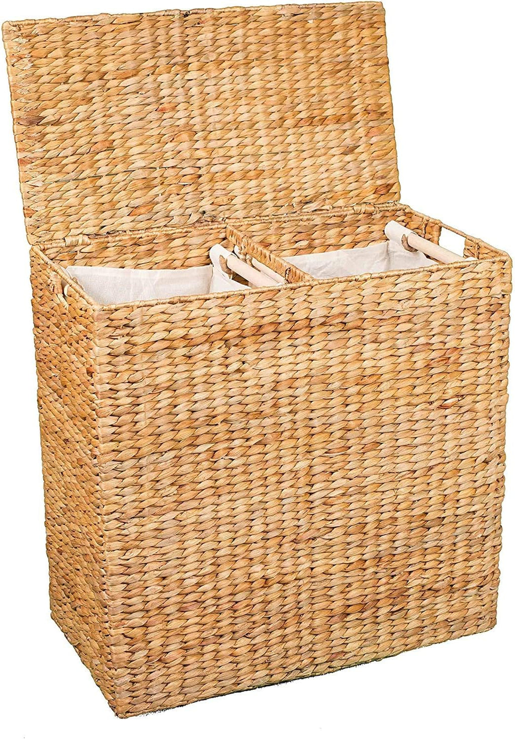 BirdRock Home Water Hyacinth Laundry Hamper Divided Interior (Natural) | Eco Friendly | Made of Hand Woven Hyacinth Fibers | Includes Two Removable Cotton Liners Bag | Wicker Laundry Basket with Lid
