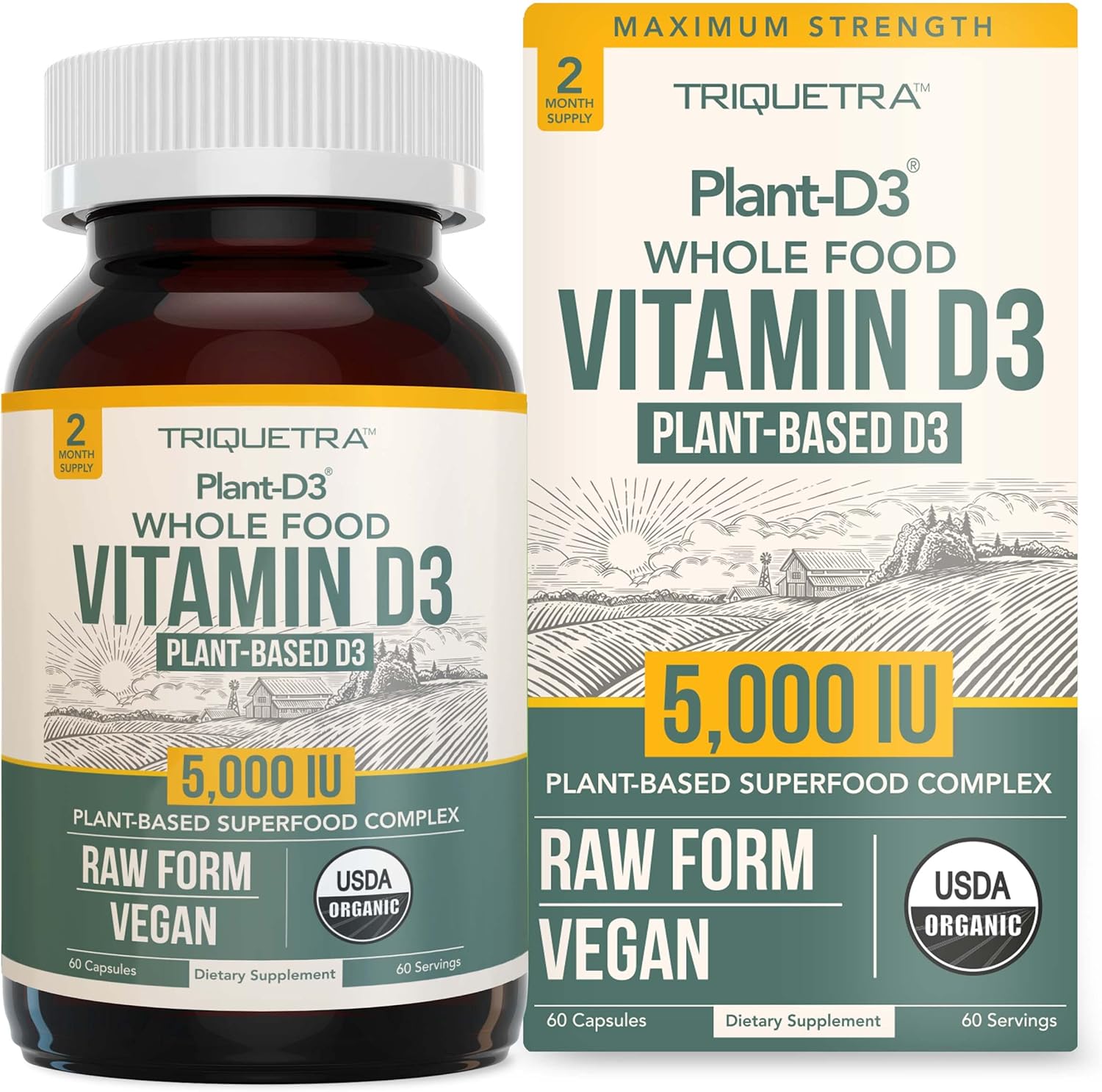 Organic Vitamin D3 5,000 IU - 100% Whole Food & Plant-Based Cholecalciferol Form, 100% Vegan Vitamin D - Enhanced with Prebiotic & Superfood Complex ¨C Organic, Vegan, GMO & Gluten Free (60 Capsules)