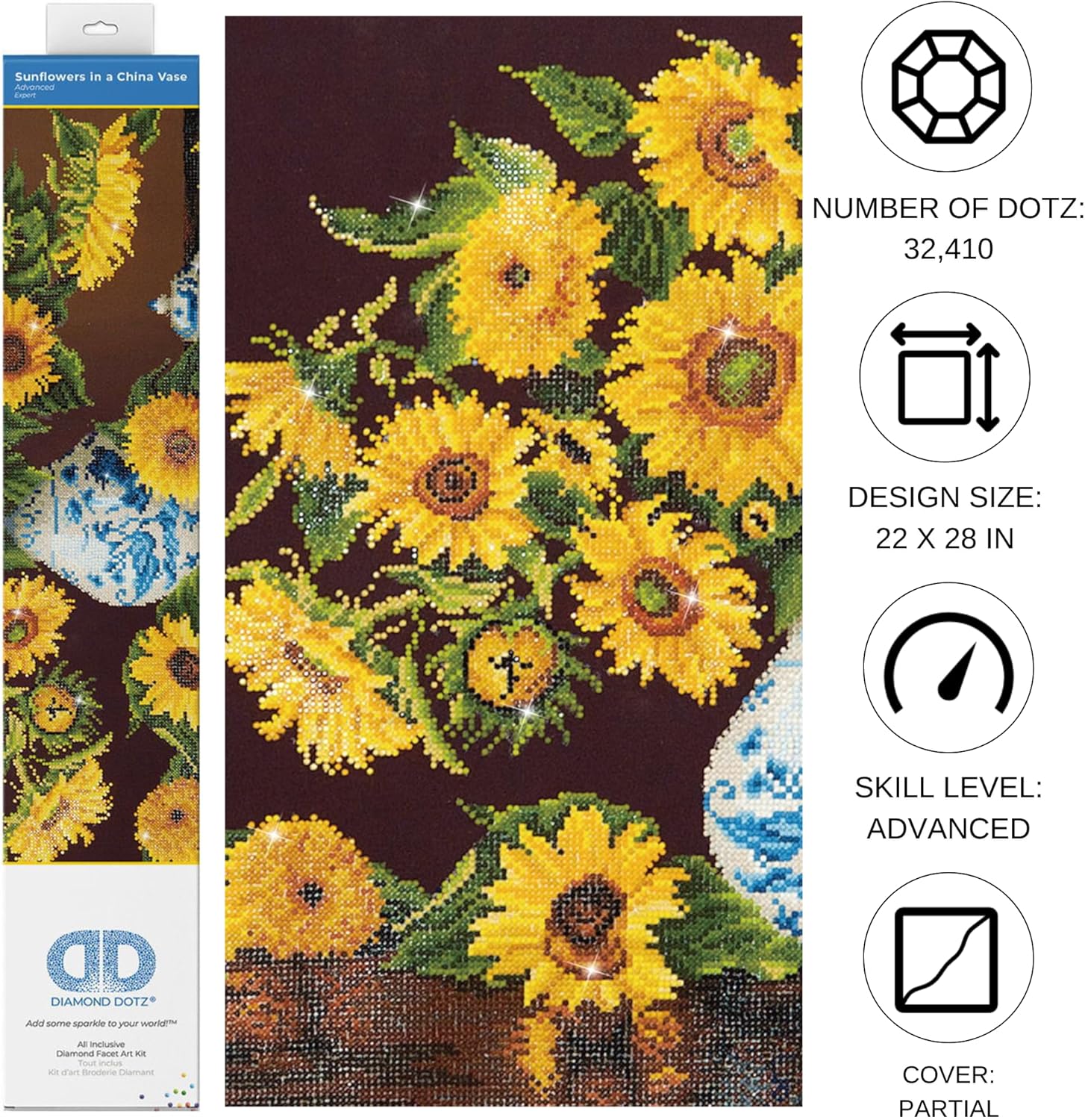 DIAMON DOT Sunflower i Chin Vas Flora Diamon Paintin Kit fo Adult Diamon Ar Kit Relaxin Creativ Craf Ki wit Dot Gem 22inchx28inch